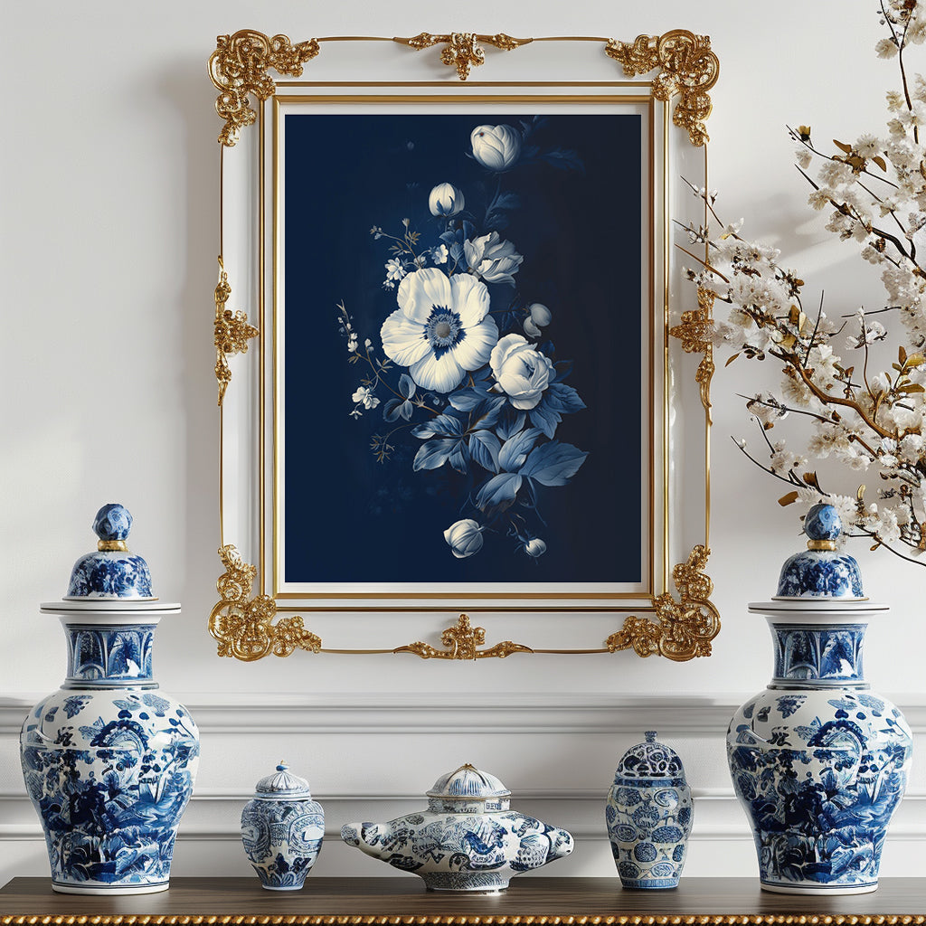 Chinoiserie Wall Art Print - Cherry Blossom Flowers in Cobalt Blue and White