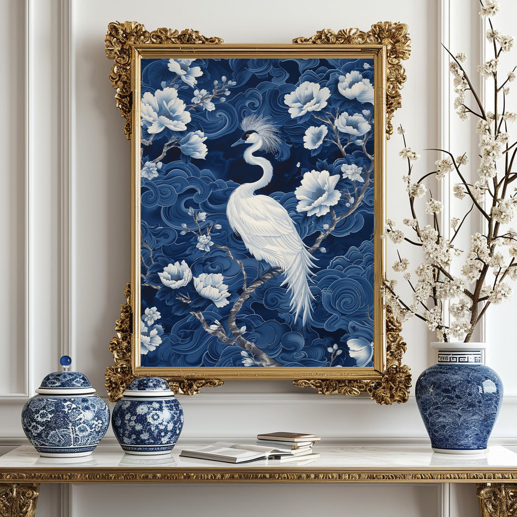 Chinoiserie Wall Art Print - Crowned Crane in Blue and White