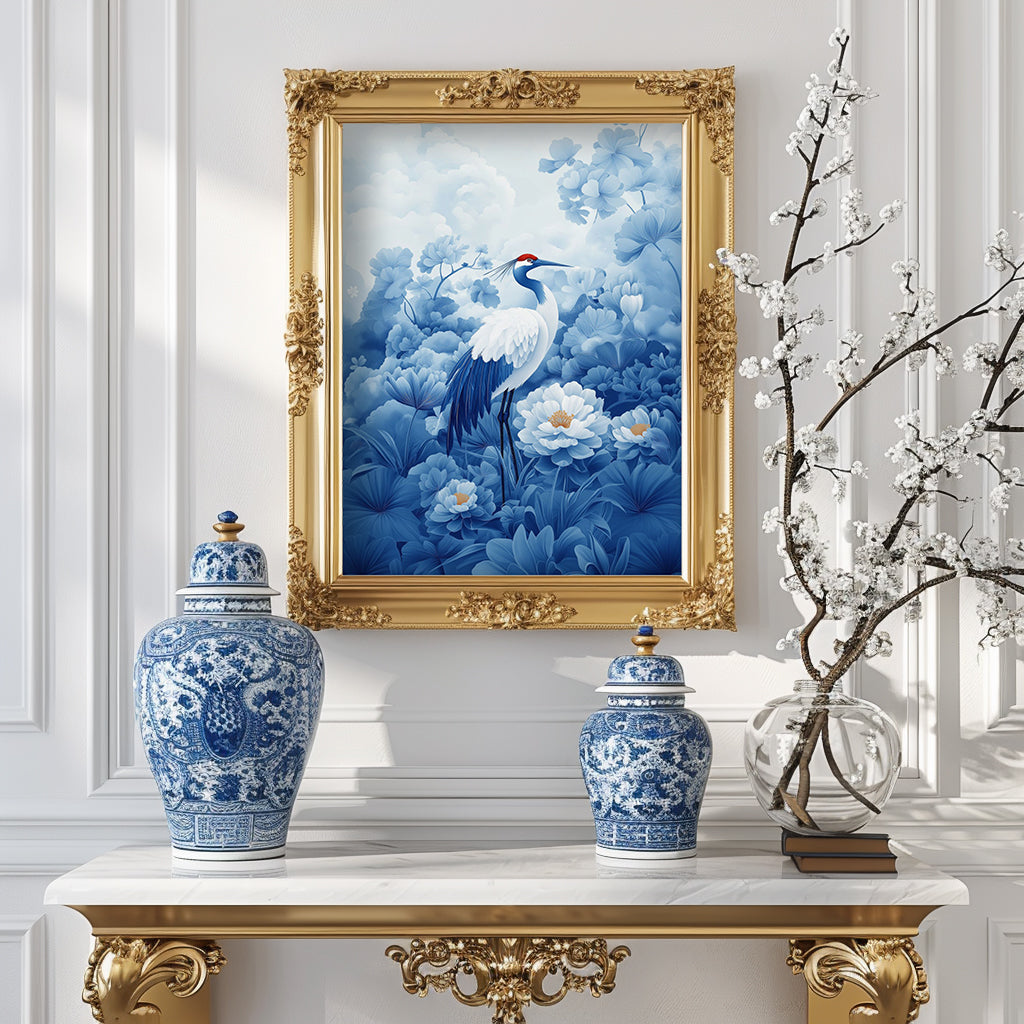 Chinoiserie Wall Art Print - Crane in Blue & White with Floral Accents