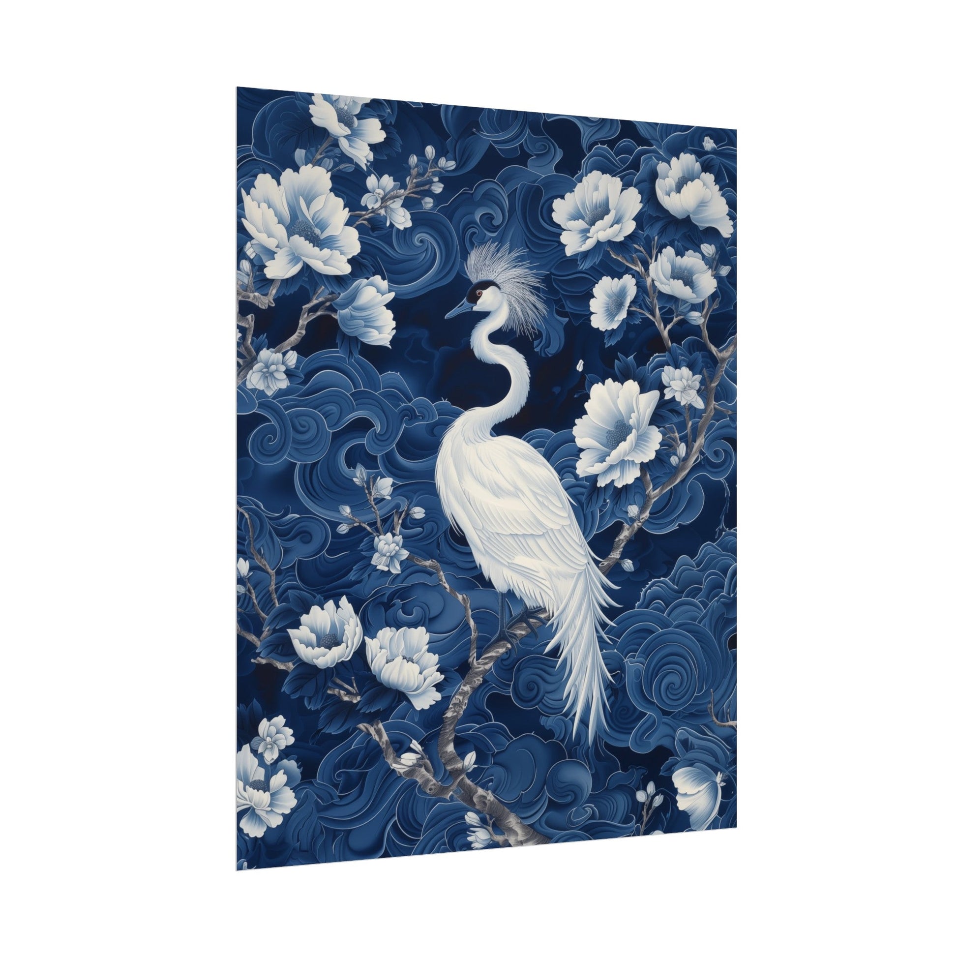 Chinoiserie Wall Art Print - Crowned Crane in Blue and White