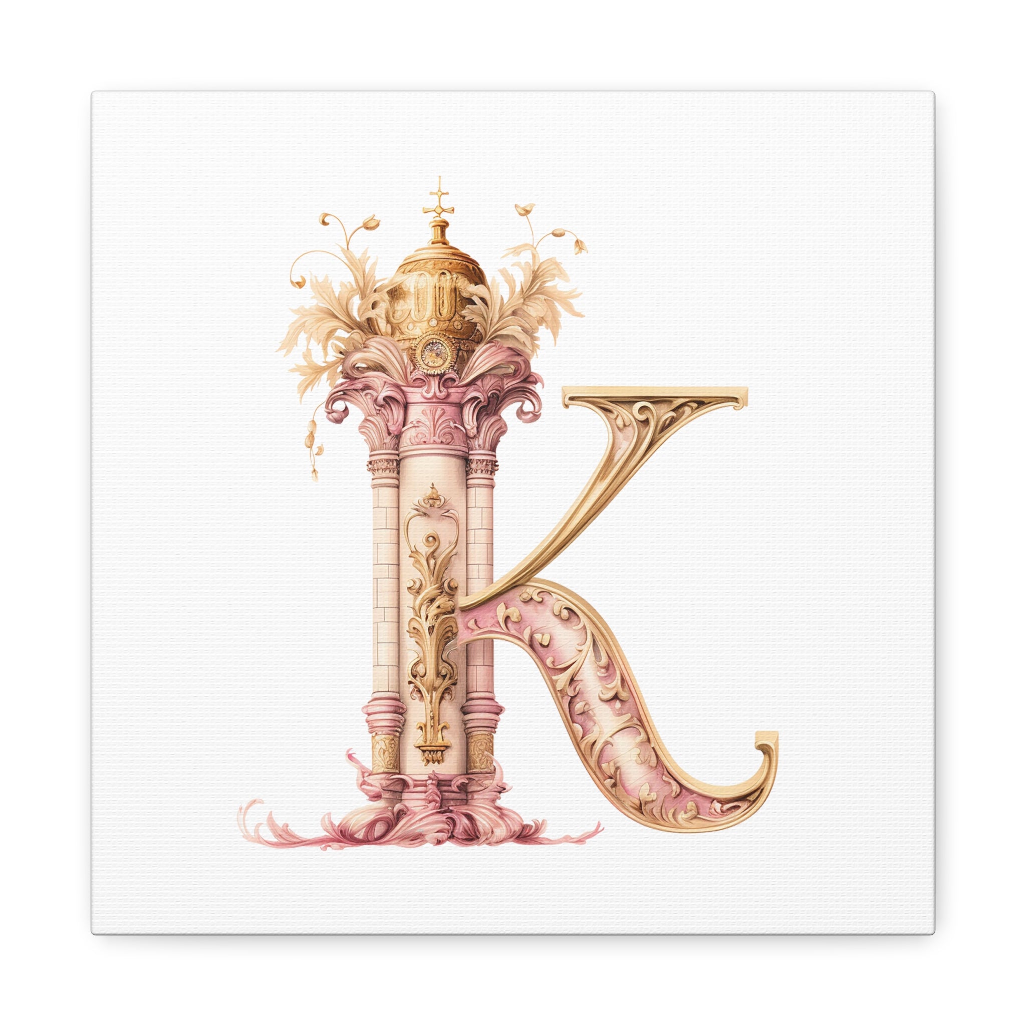 Monogram K Wall Art - Canvas Print Gallery Wrap - Single Initial Letter with Crown - Pink and Gold