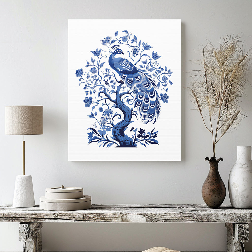 Chinoiserie Canvas Print Gallery Wrap - Peacock in Cobalt Blue and White