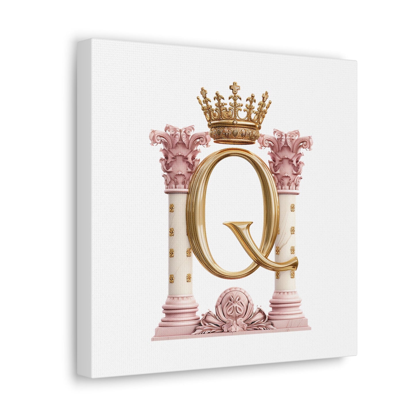 Monogram Q Wall Art - Canvas Print Gallery Wrap - Single Initial Letter with Crown - Pink and Gold