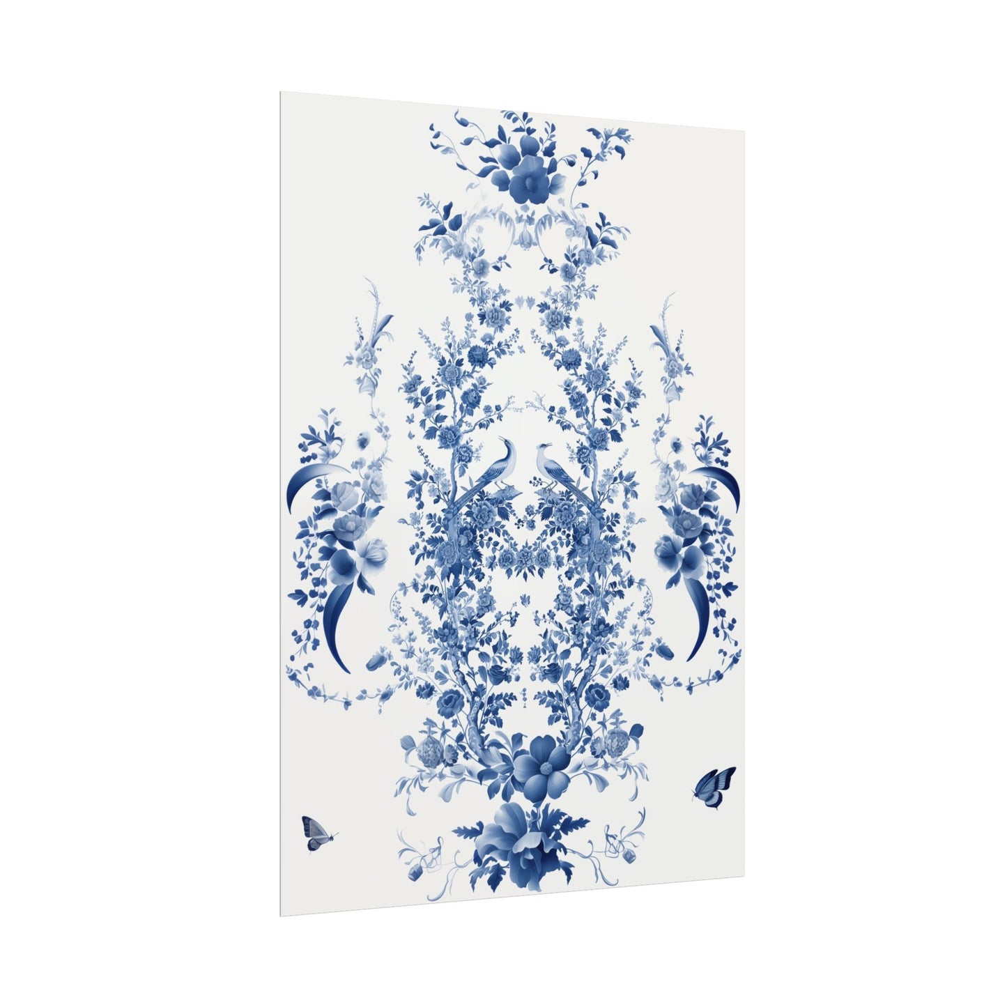 Chinoiserie Wall Art Print - Peacocks and Trellis Roses in Blue and Off-White