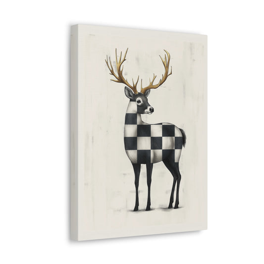 Check Deer Canvas Print - Gallery Wrap Wall Art - Black and White on Ivory Backdrop with Gold-Toned Antlers