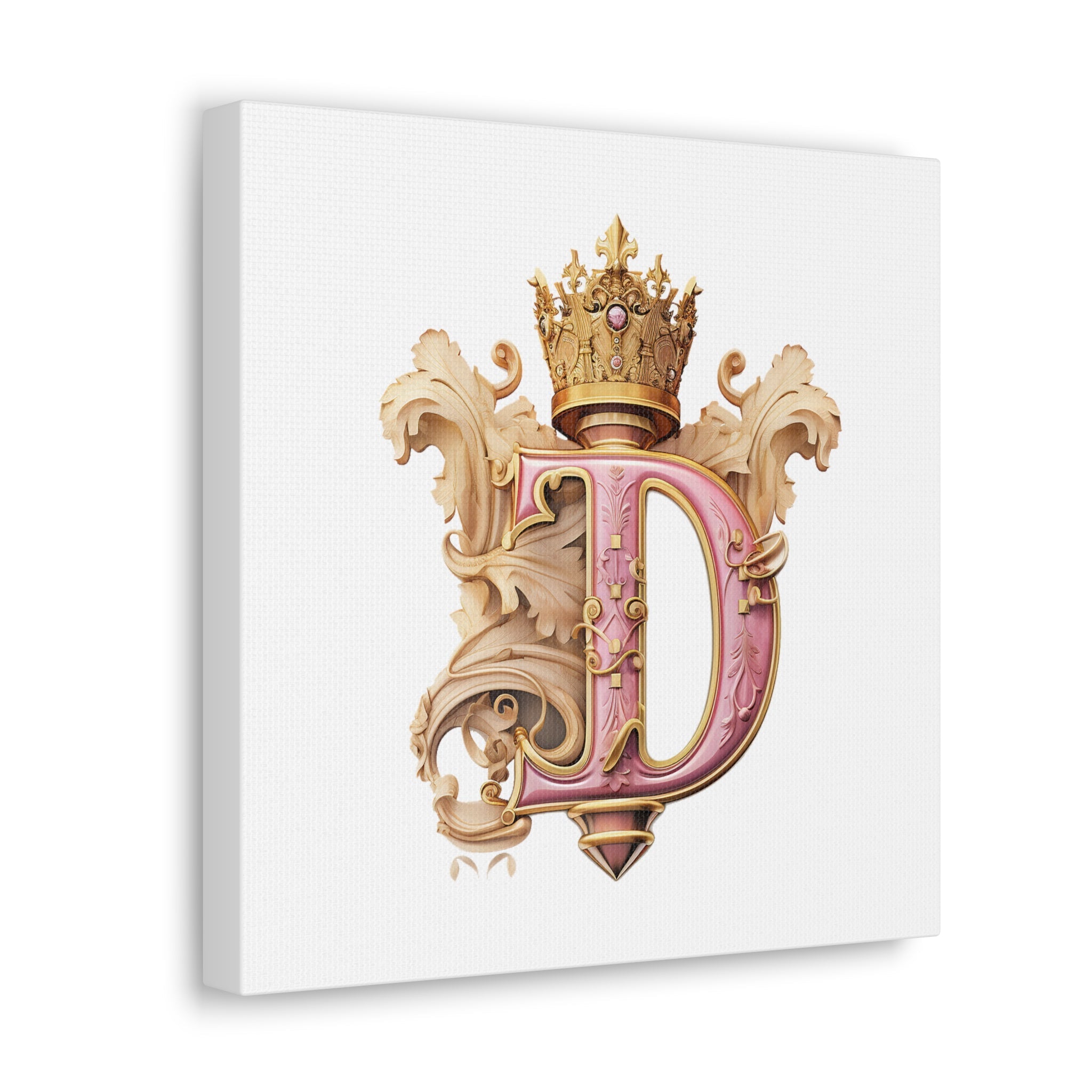 Monogram D Wall Art - Canvas Print Gallery Wrap - Single Initial Letter with Crown - Pink and Gold