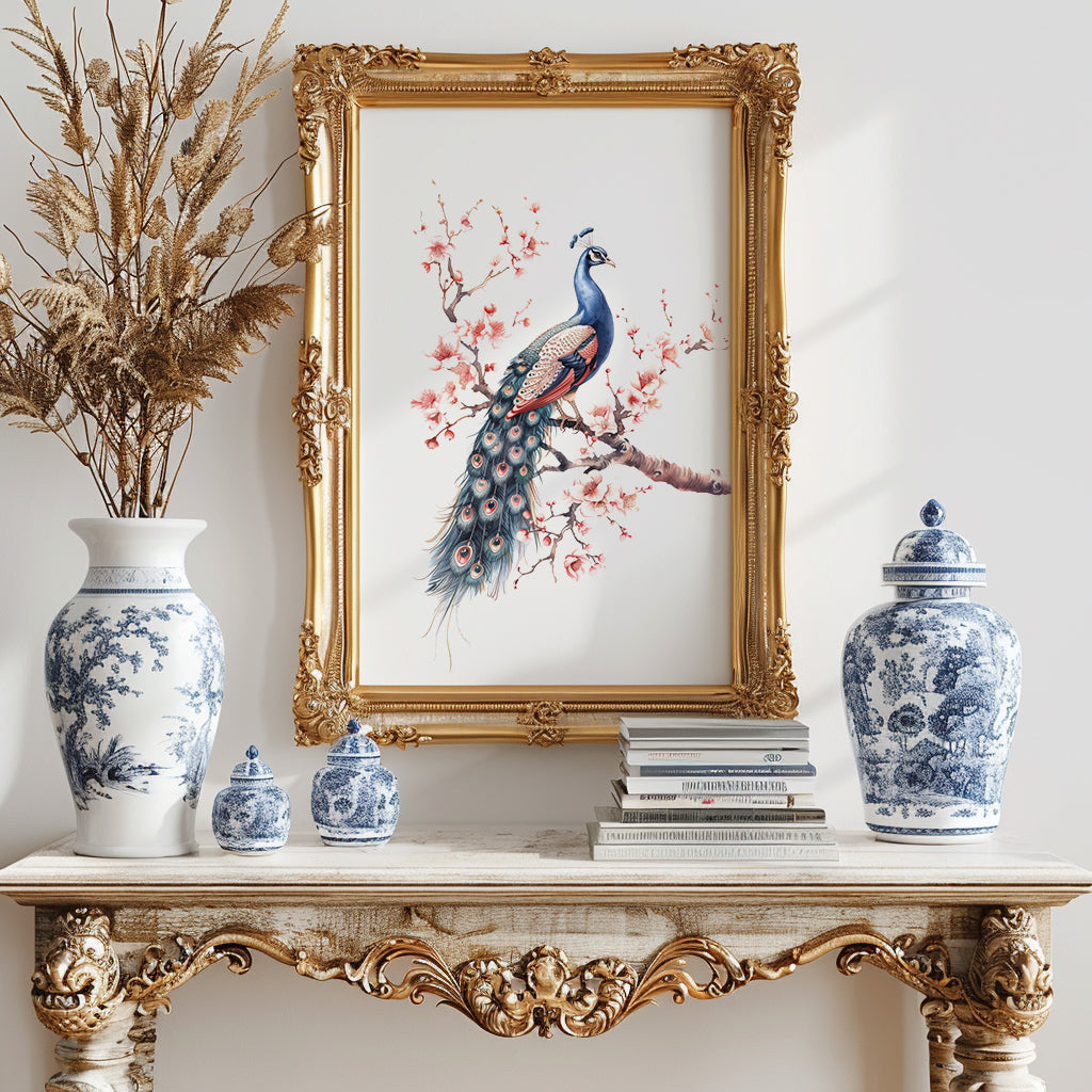 Chinoiserie Wall Art Print - Peacock with Cherry Blossom Flowers