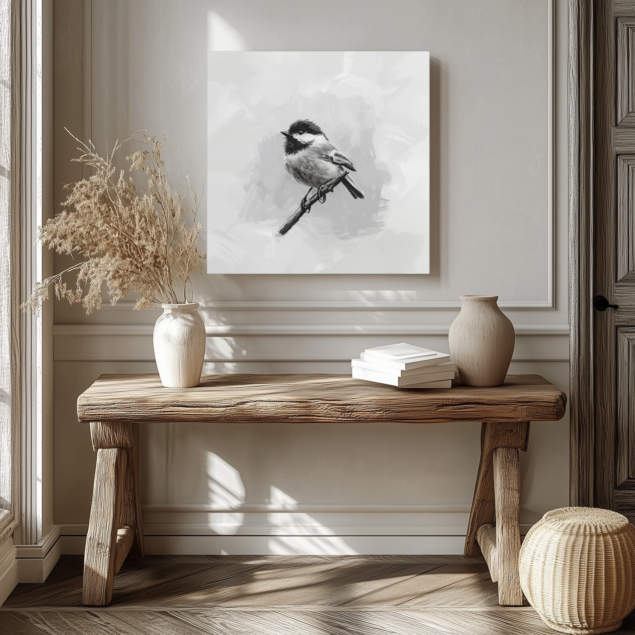 Carolina Chickadee Wall Art - Canvas Print Gallery Wrap - Poecile Carolinensis - Grayscale