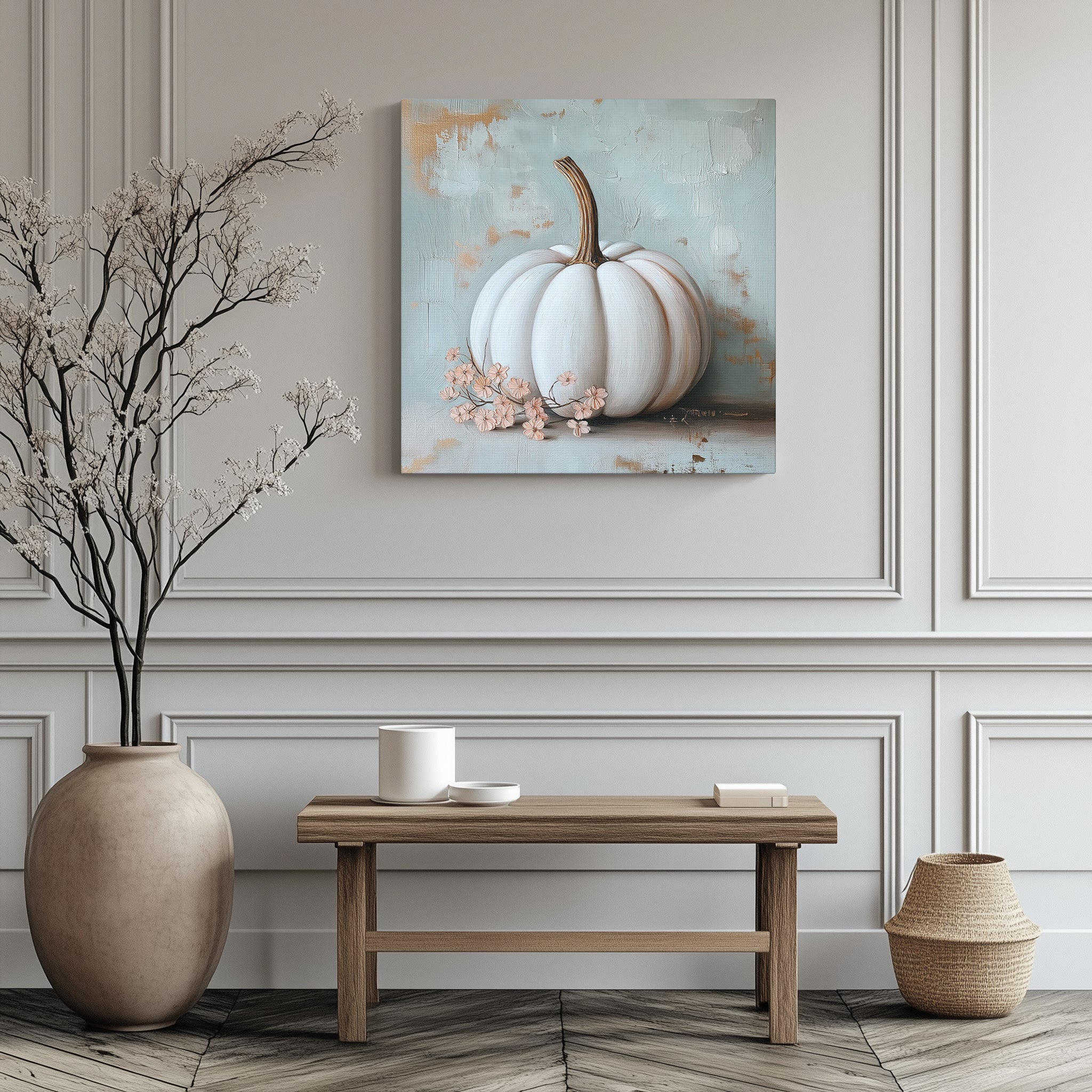 Pumpkin Wall Art - Canvas Print Gallery Wrap - White with Shabby Chic Flowers