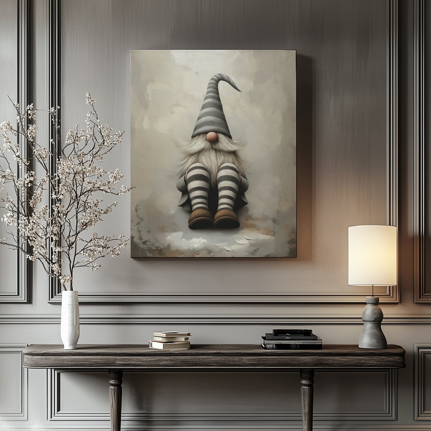 Grey and White Gnome Wall Art - Canvas Print Gallery Wrap - Striped Socks