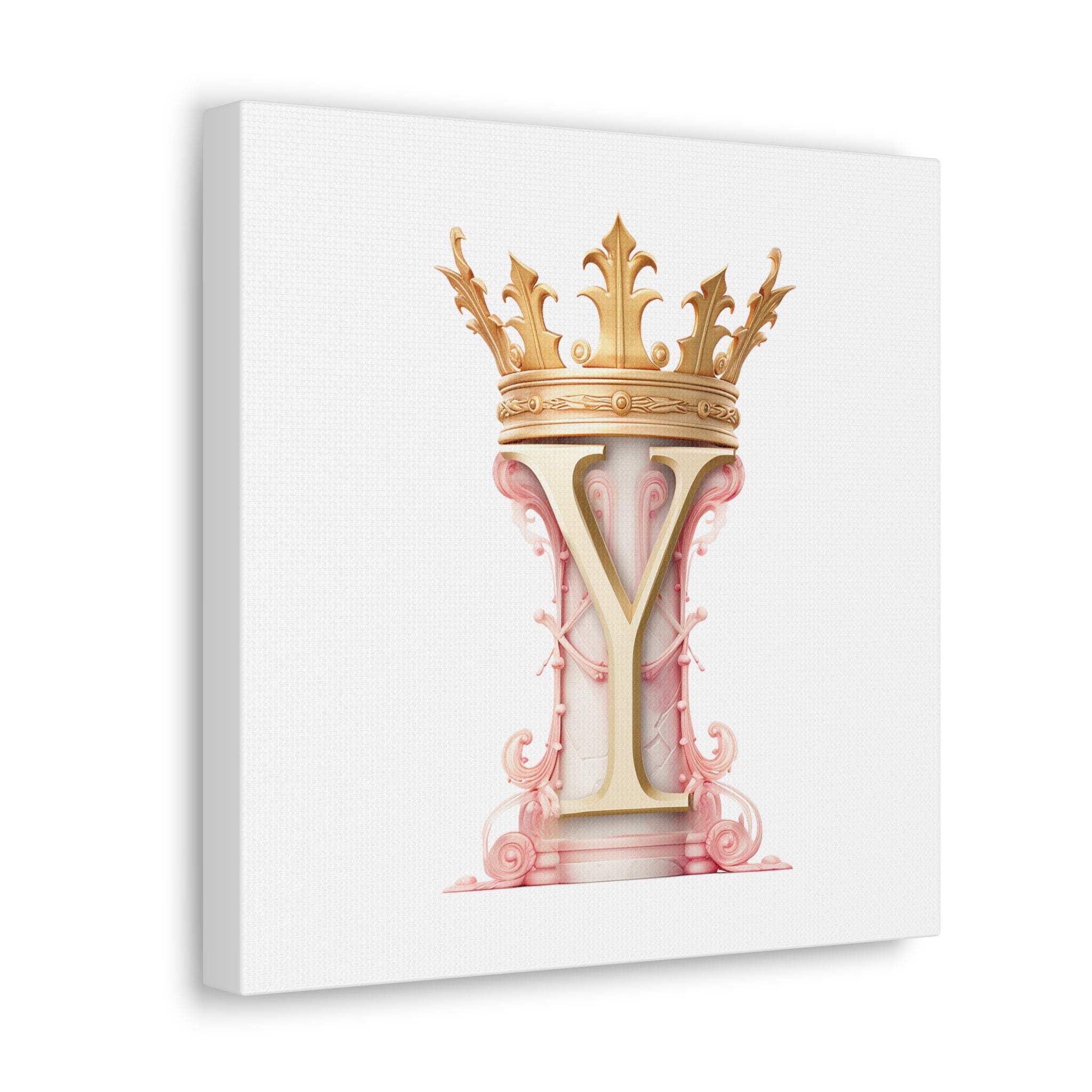 Monogram Y Wall Art - Canvas Print Gallery Wrap - Single Initial Letter with Crown - Pink and Gold