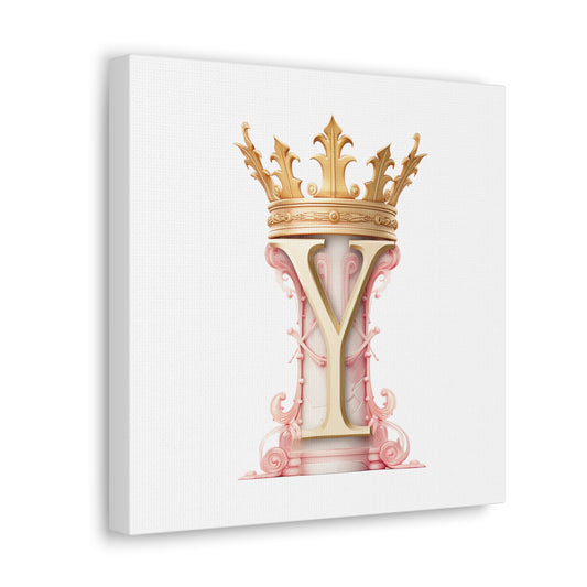 Monogram Y Wall Art - Canvas Print Gallery Wrap - Single Initial Letter with Crown - Pink and Gold