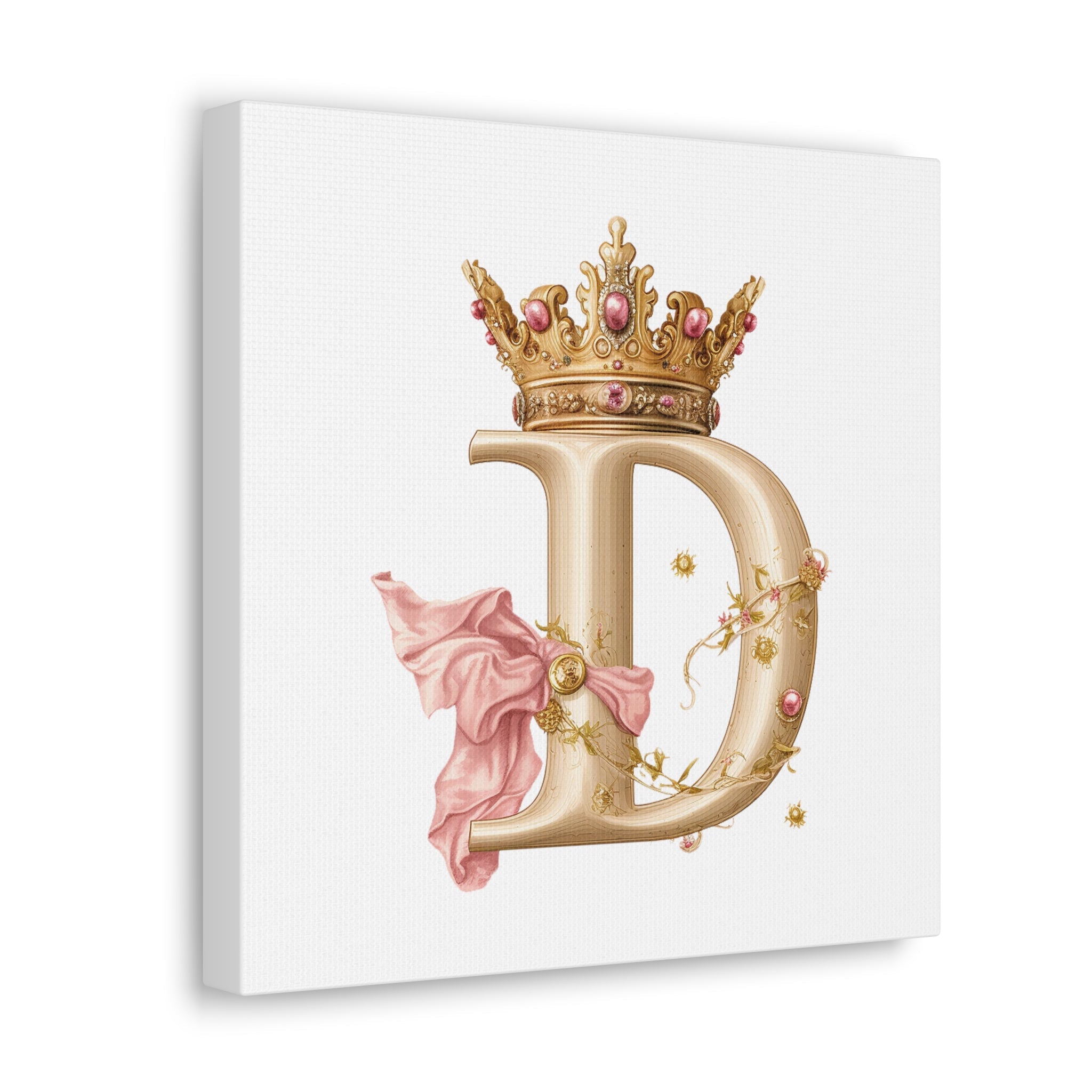 Monogram D Wall Art - Canvas Print Gallery Wrap - Single Initial Letter with Crown - Pink and Gold