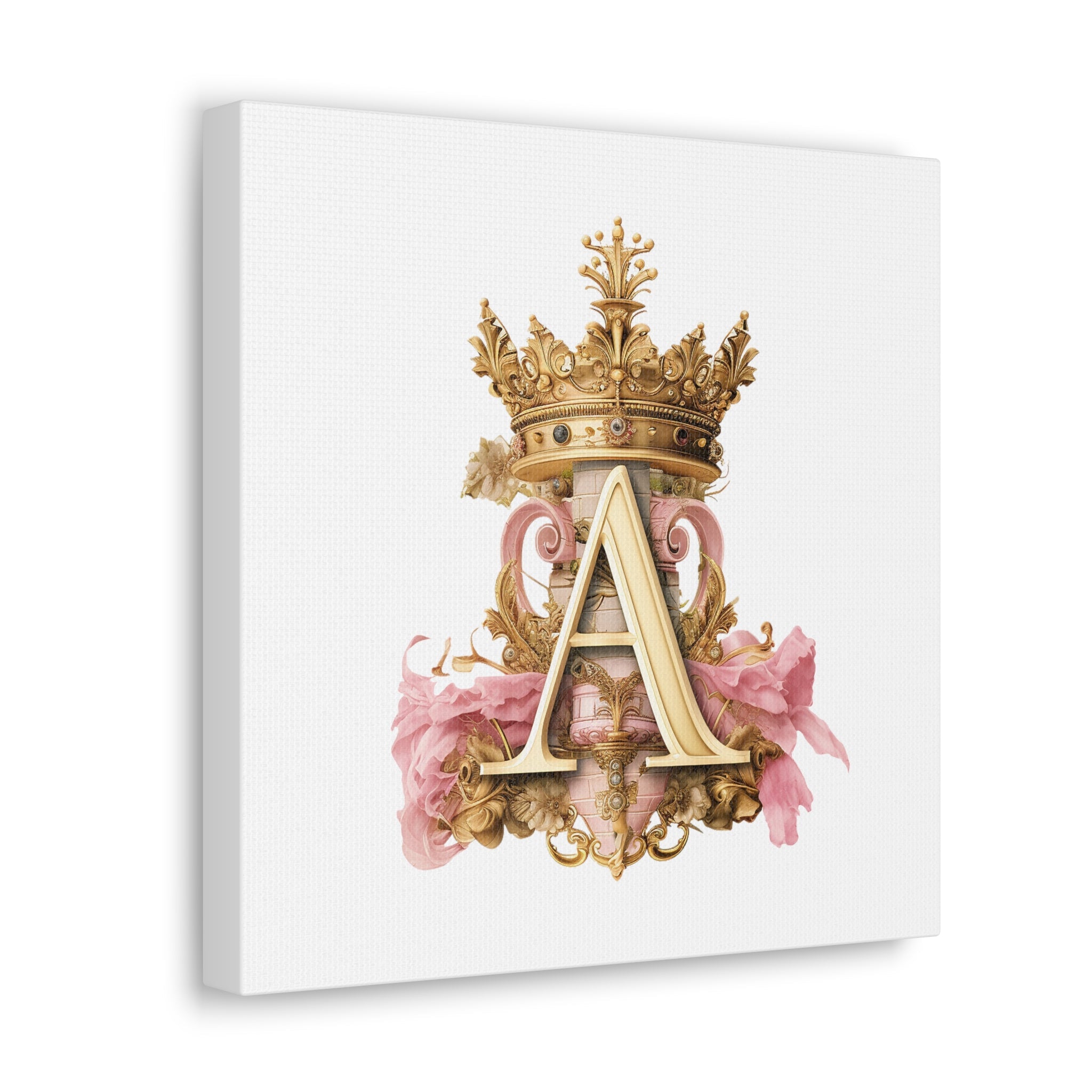 Monogram A Wall Art - Canvas Print Gallery Wrap - Single Initial Letter with Crown - Pink and Gold