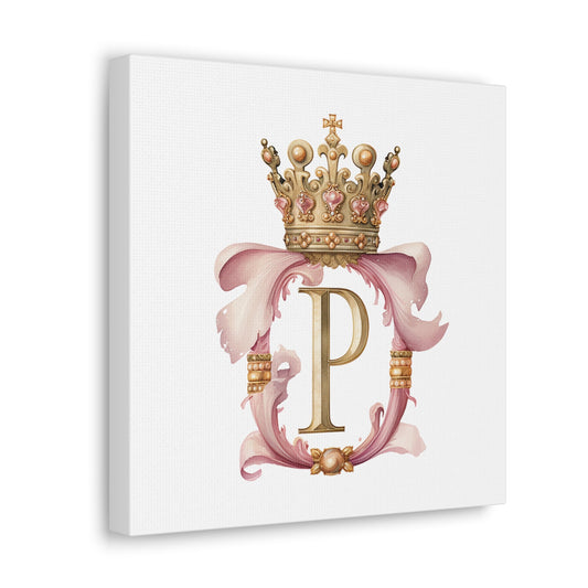 Monogram P Wall Art - Canvas Print Gallery Wrap - Single Initial Letter with Crown - Pink and Gold