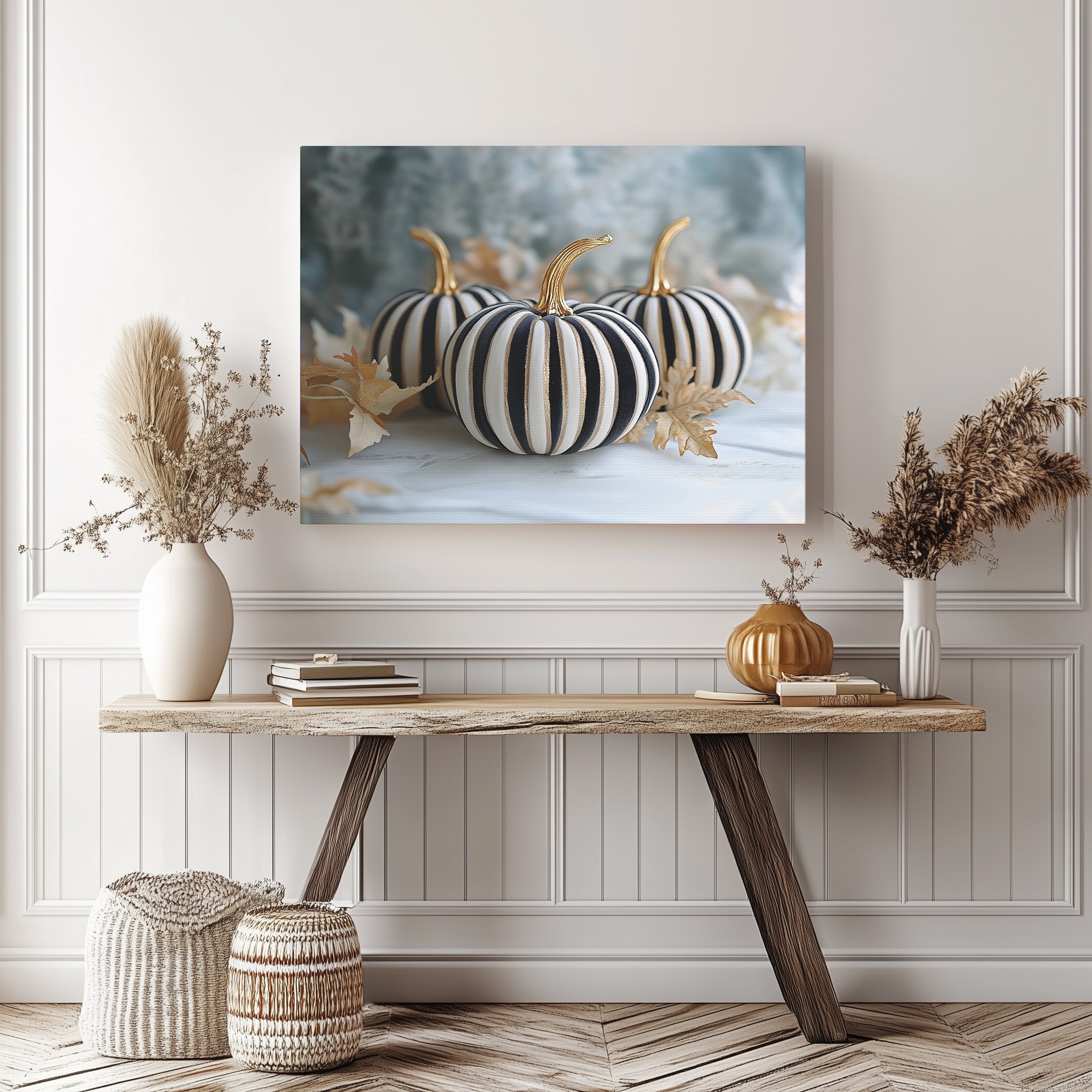 Wall Art Canvas Print - Pumpkin Black and White Striped Horizontal Gallery Wrap