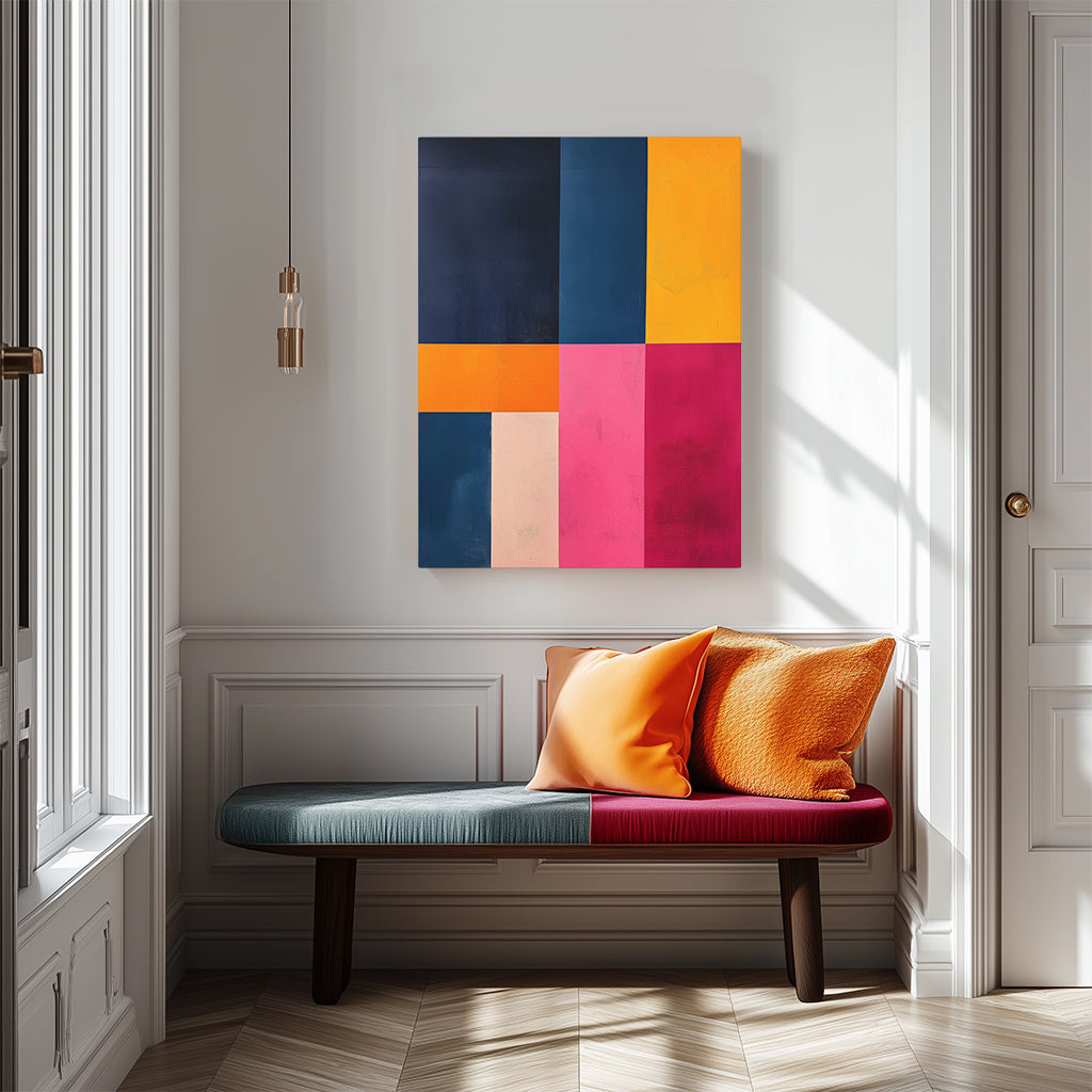 Color Block Wall Art above a bench with orange throw pillows