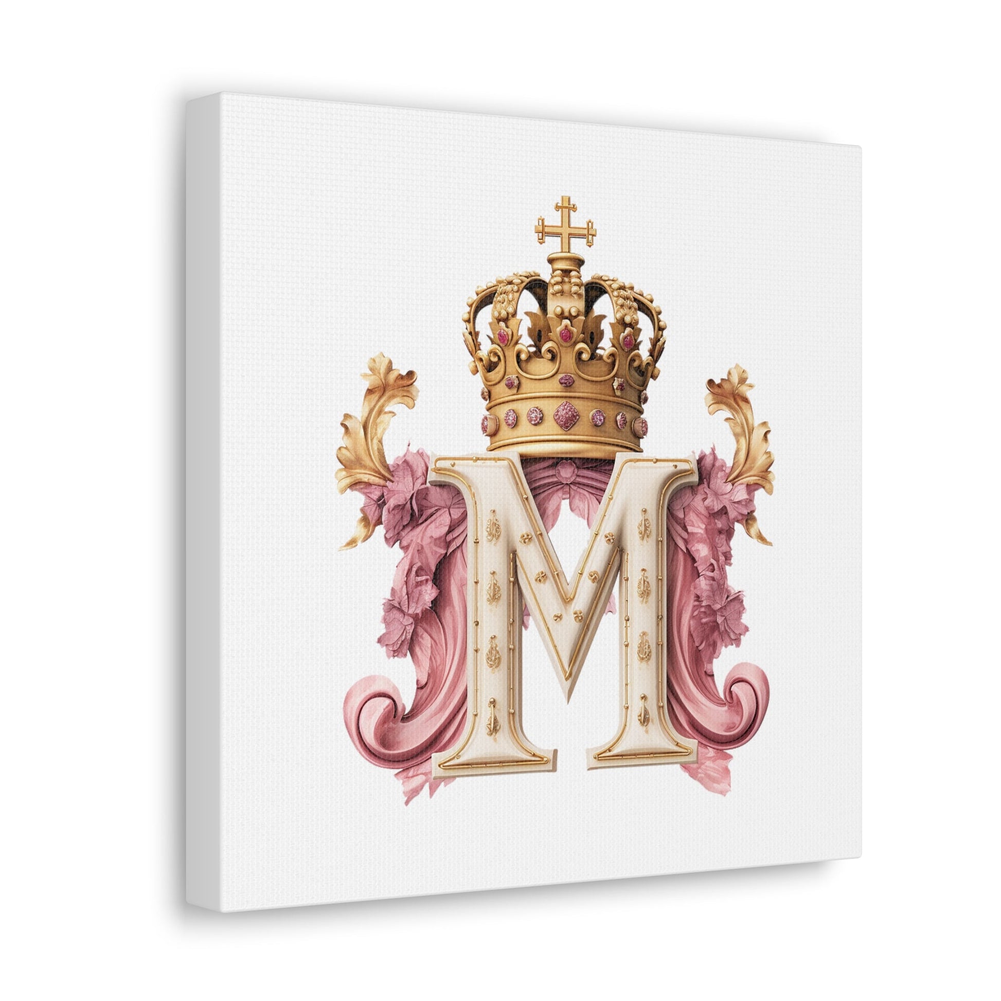 Monogram M Wall Art - Canvas Print Gallery Wrap - Single Initial Letter with Crown - Pink and Gold