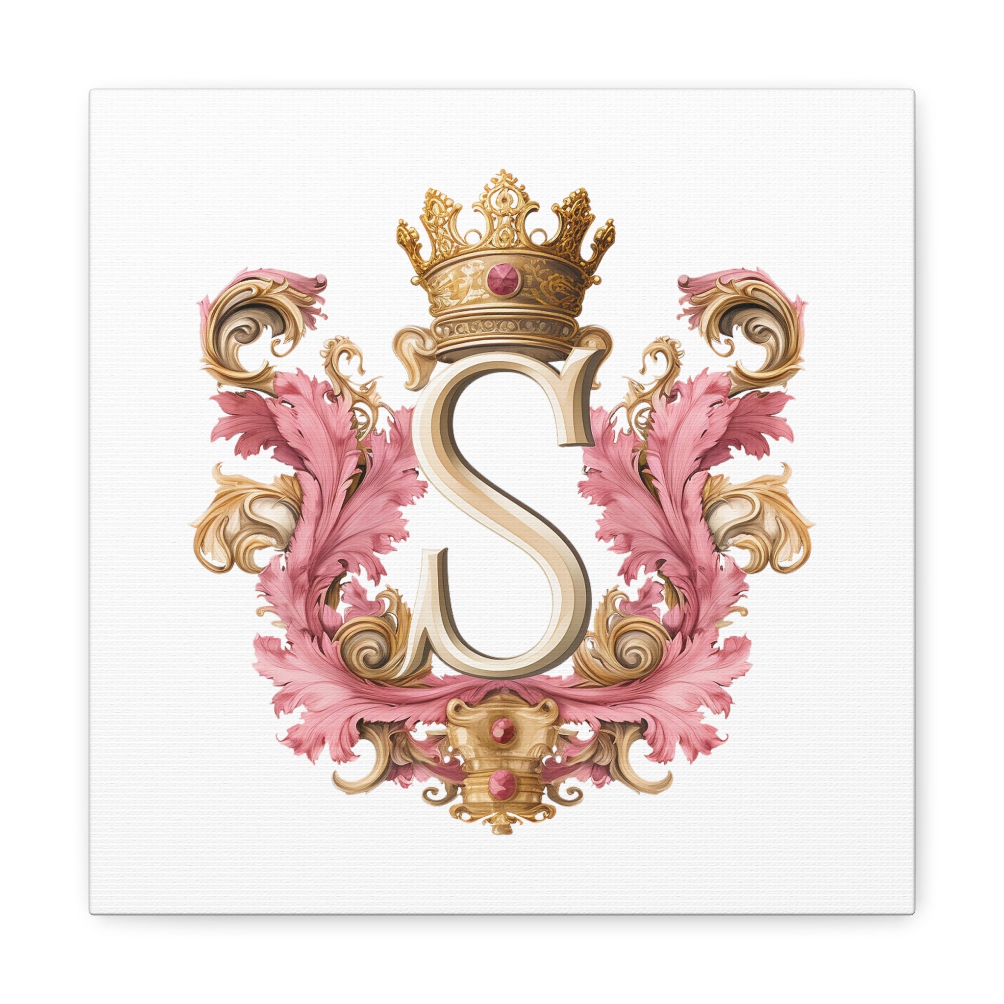 Monogram S Wall Art - Canvas Print Gallery Wrap - Single Initial Letter S with Crown - Pink and Gold