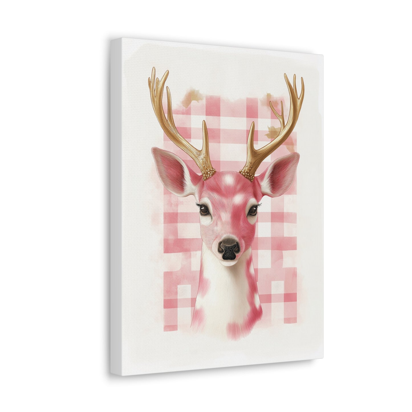 Check Deer Canvas Print - Gallery Wrap Wall Art - Pink and White with Gold-Toned Antlers