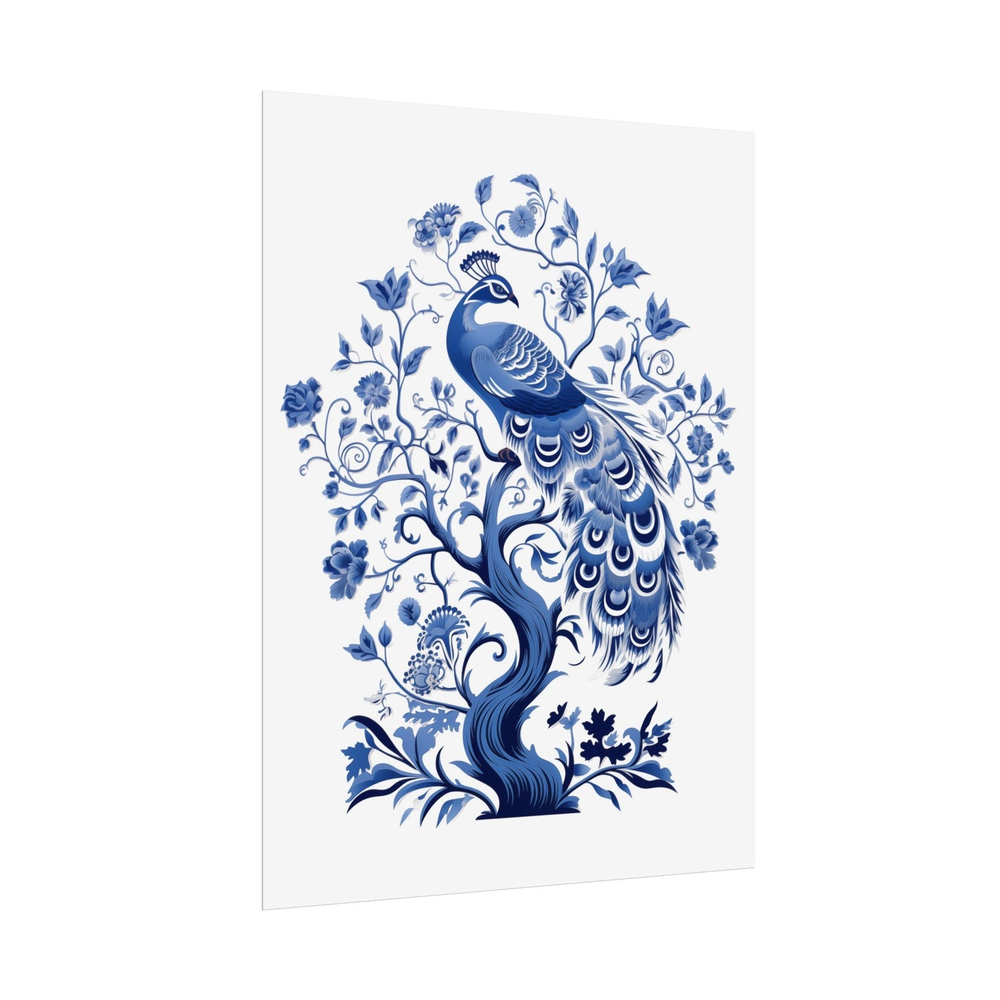 Chinoiserie Wall Art Print Blue and White Peacock