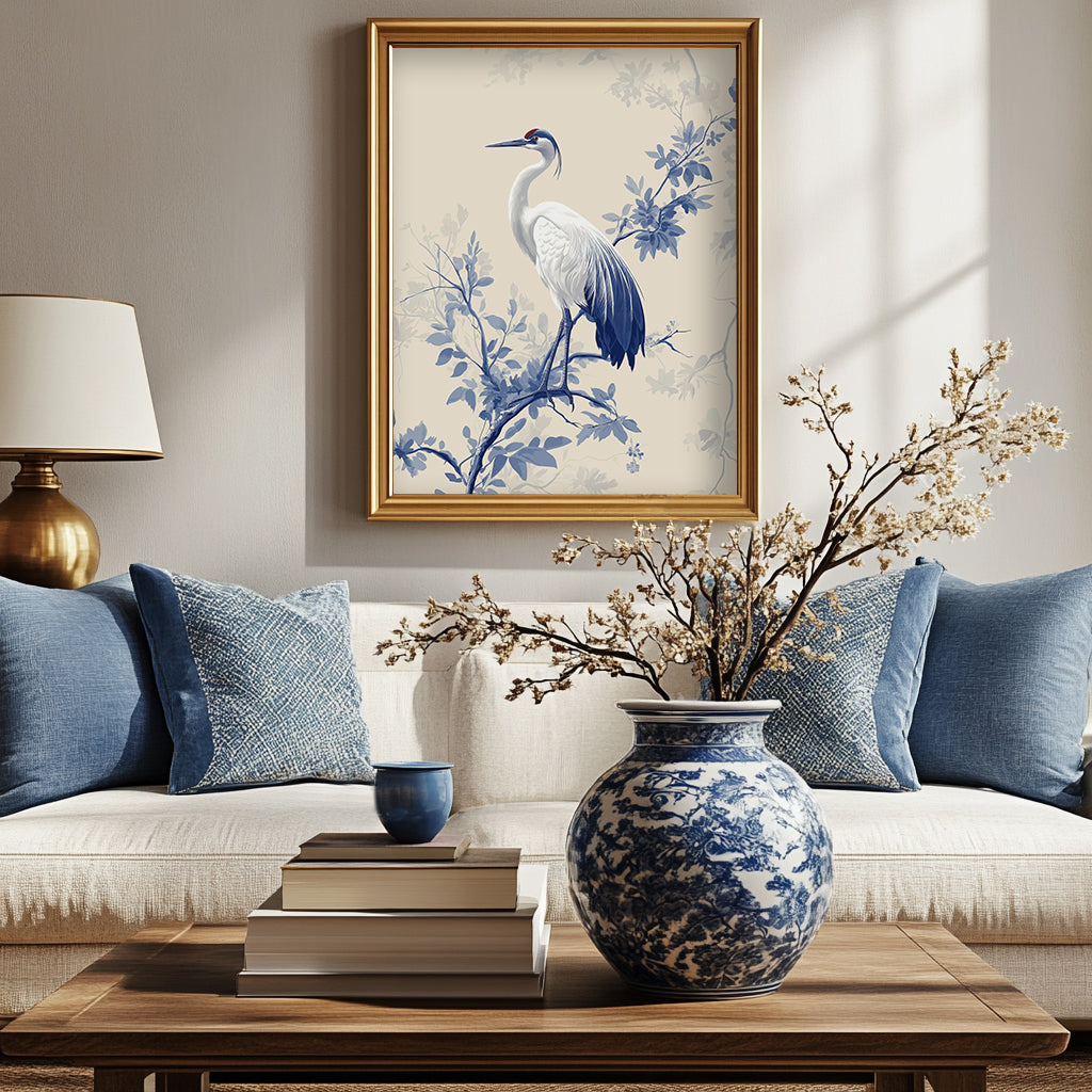 Chinoiserie Wall Art Print - Crane in Blue & White on Beige Backdrop