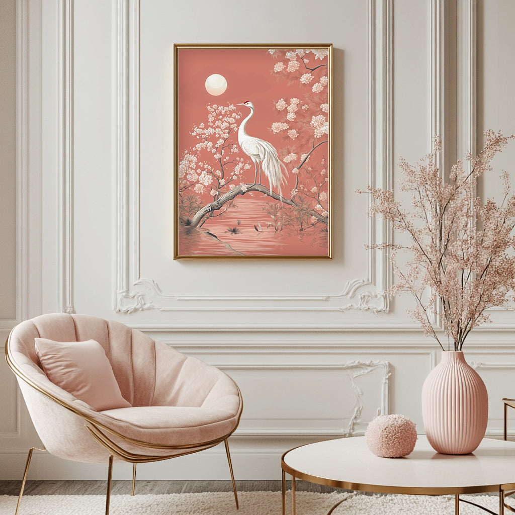 Chinoiserie Wall Art Print - Crane in the Light of the Full Moon against Pink Backdrop