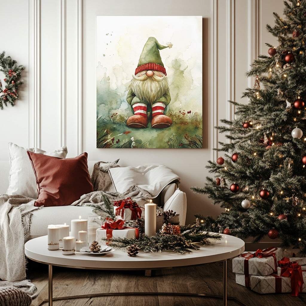 Holiday Gnome Canvas Print - Gallery Wrapped Wall Art - Red, White and Green