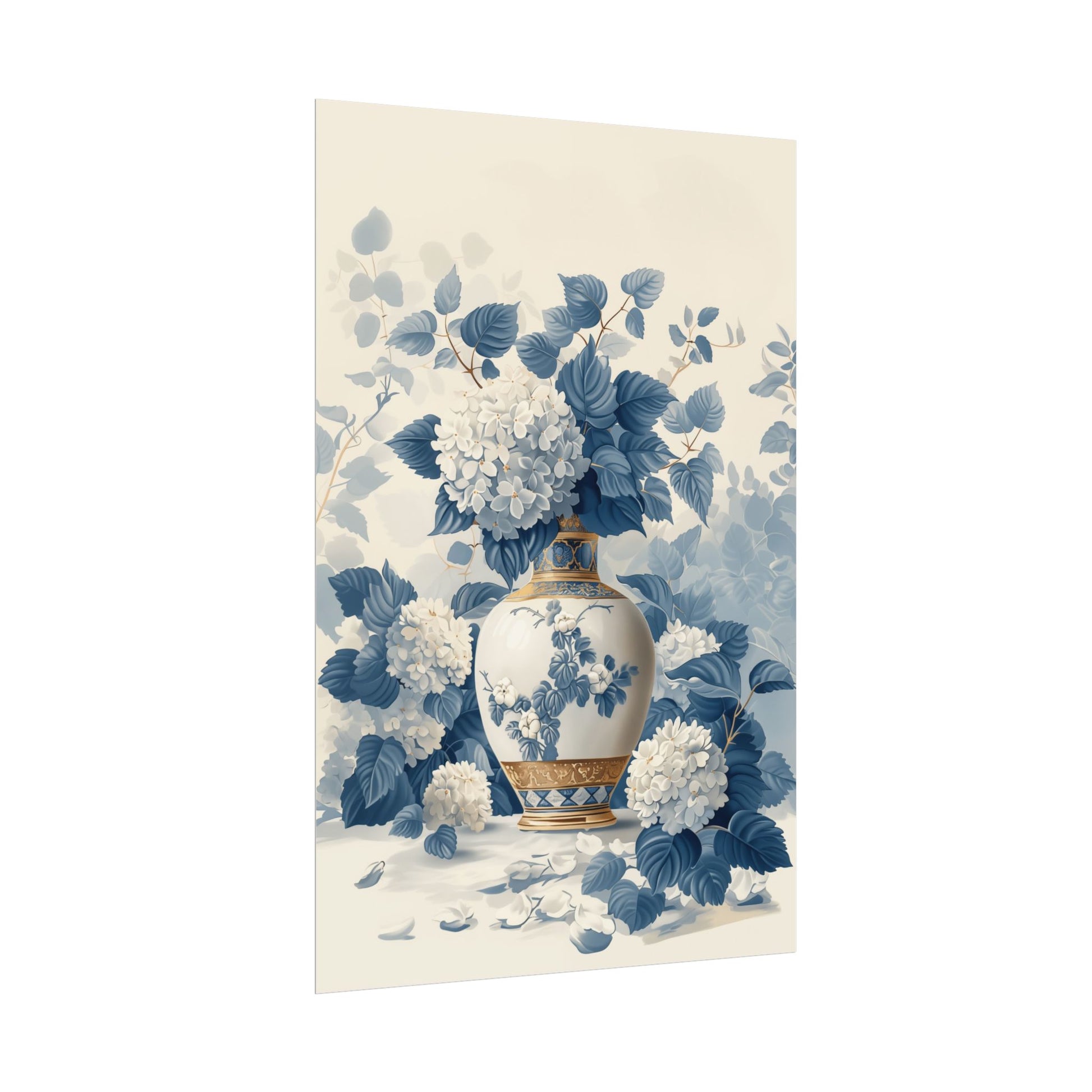 Chinoiserie Wall Art Print - Hydrangeas in a Vase - Blue and Cream