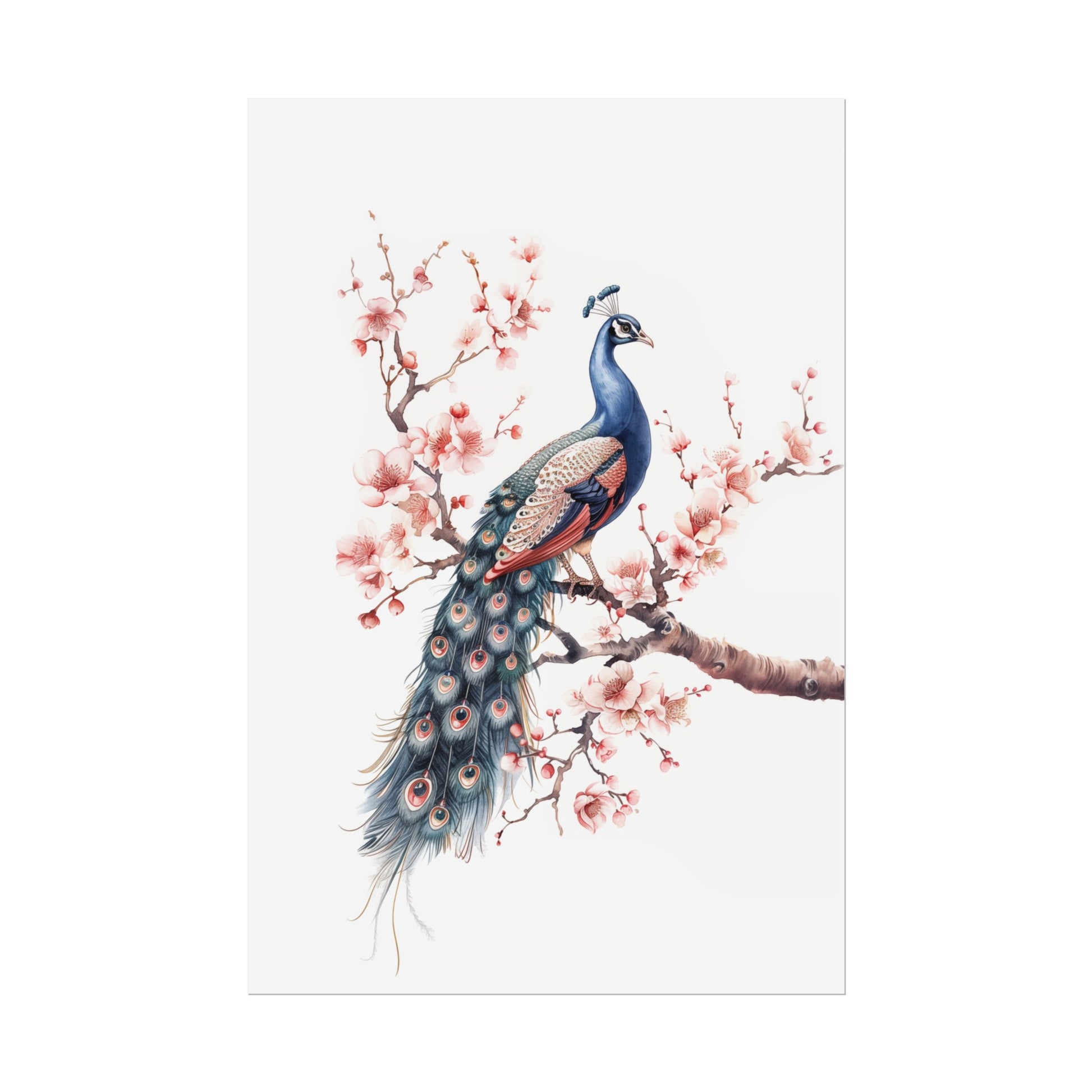 Chinoiserie Wall Art Print - Peacock with Cherry Blossom Flowers