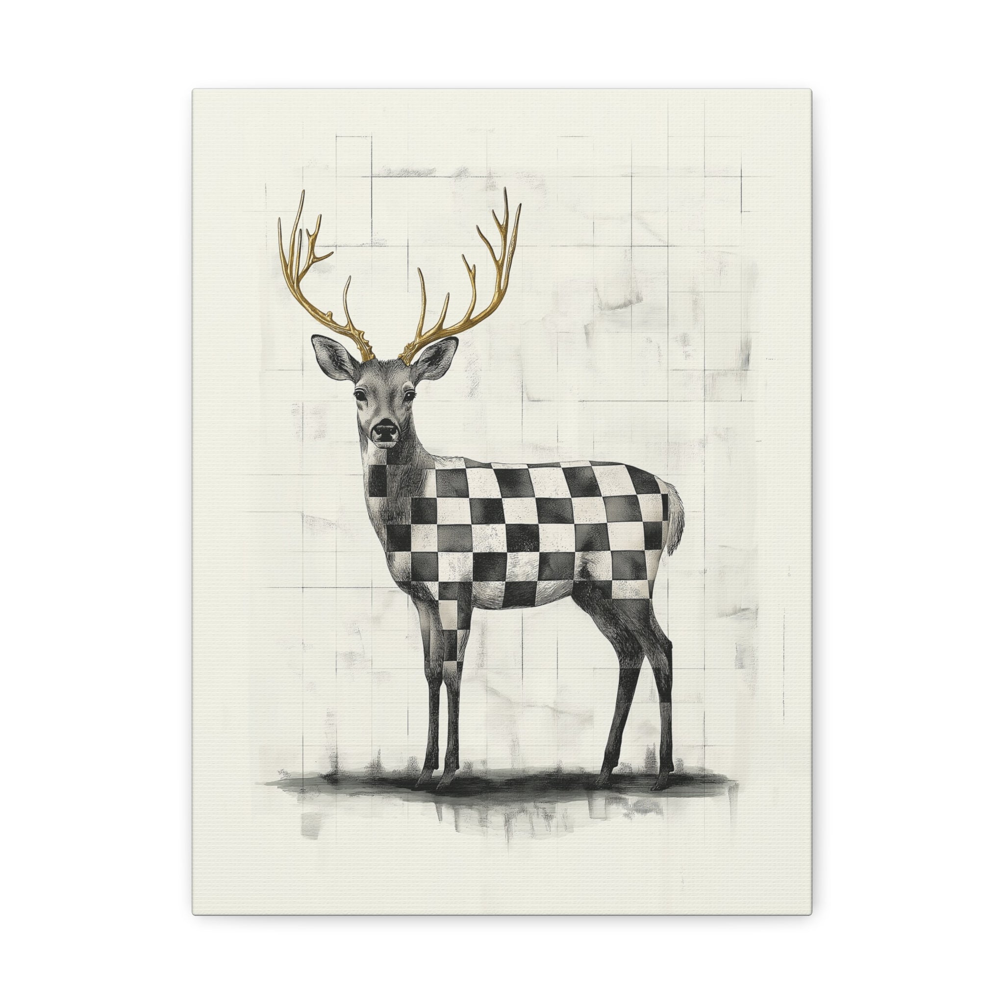 Check Deer Canvas Print - Gallery Wrap Wall Art - Black and White on Cream Backdrop with Gold-Toned Antlers