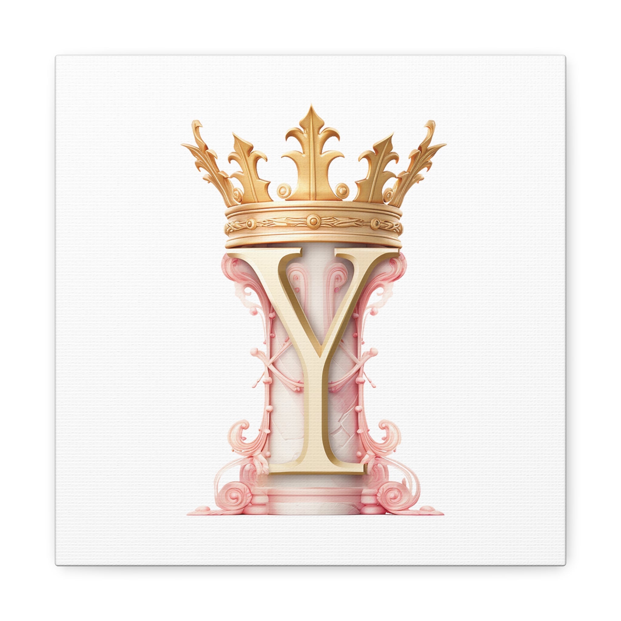 Monogram Y Wall Art - Canvas Print Gallery Wrap - Single Initial Letter with Crown - Pink and Gold