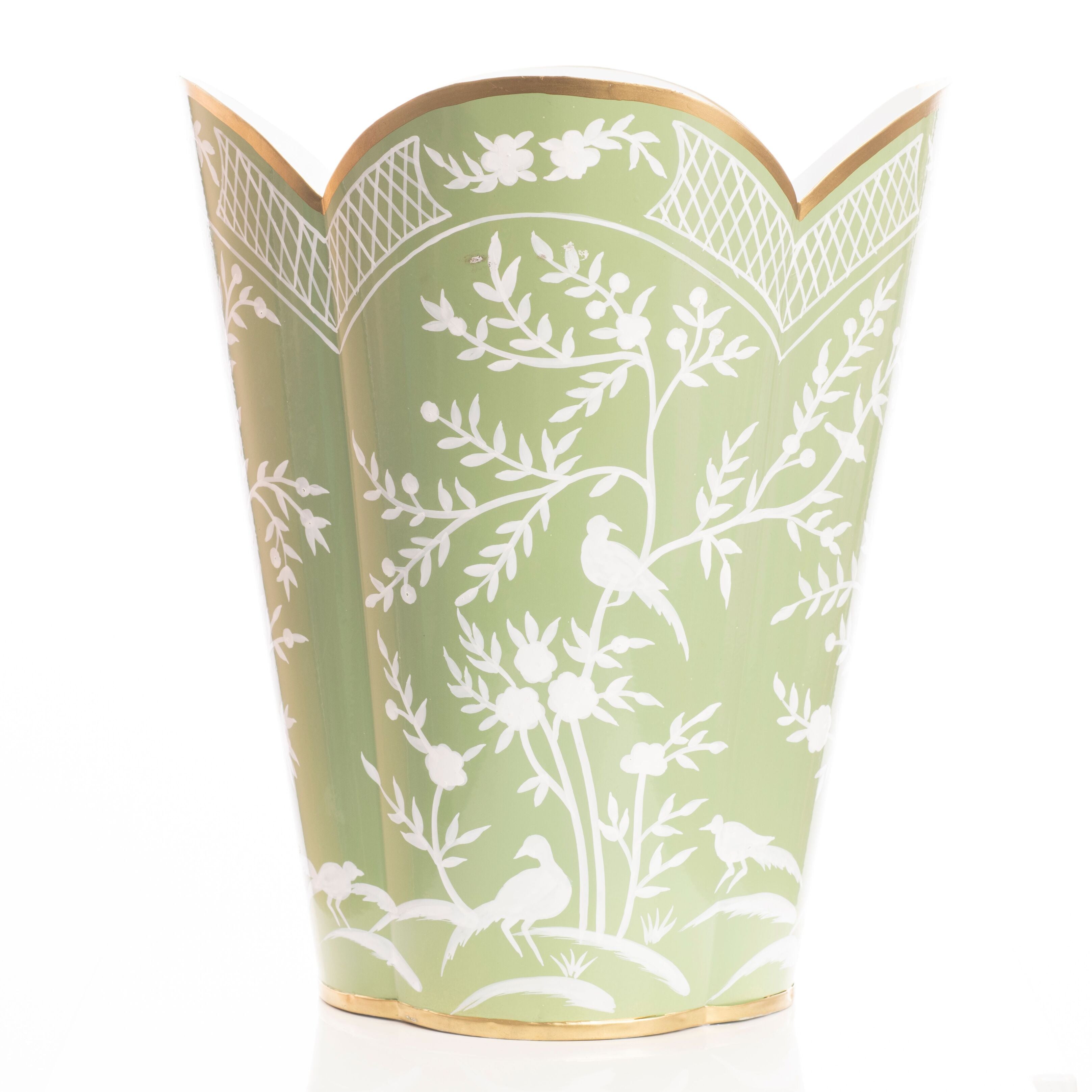 Decorative trash bin with white floral and bird pattern on a light green background