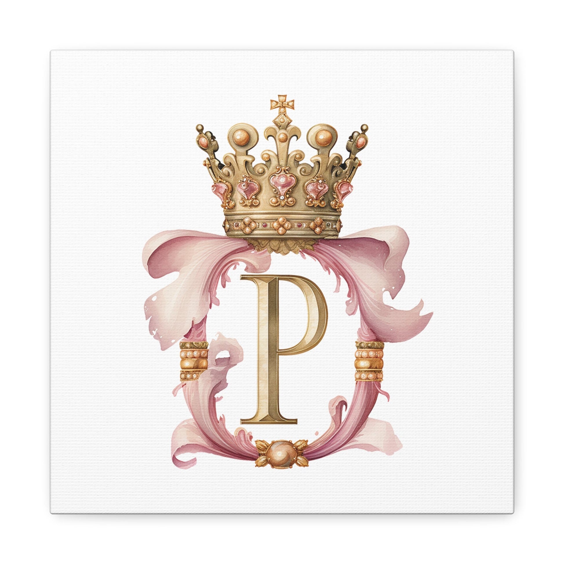 Monogram P Wall Art - Canvas Print Gallery Wrap - Single Initial Letter with Crown - Pink and Gold