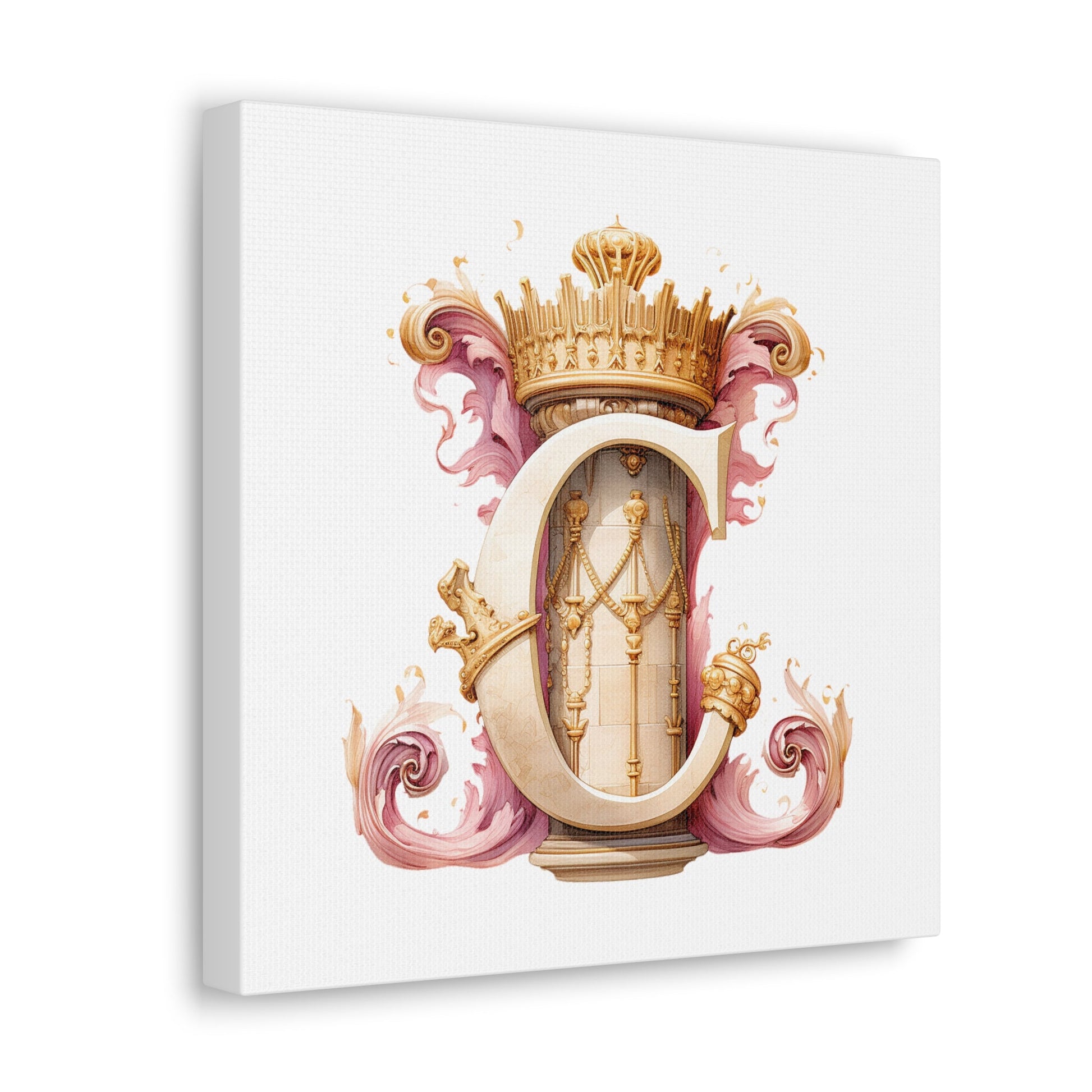 Monogram C Wall Art - Canvas Print Gallery Wrap - Single Initial Letter with Crown - Pink and Gold