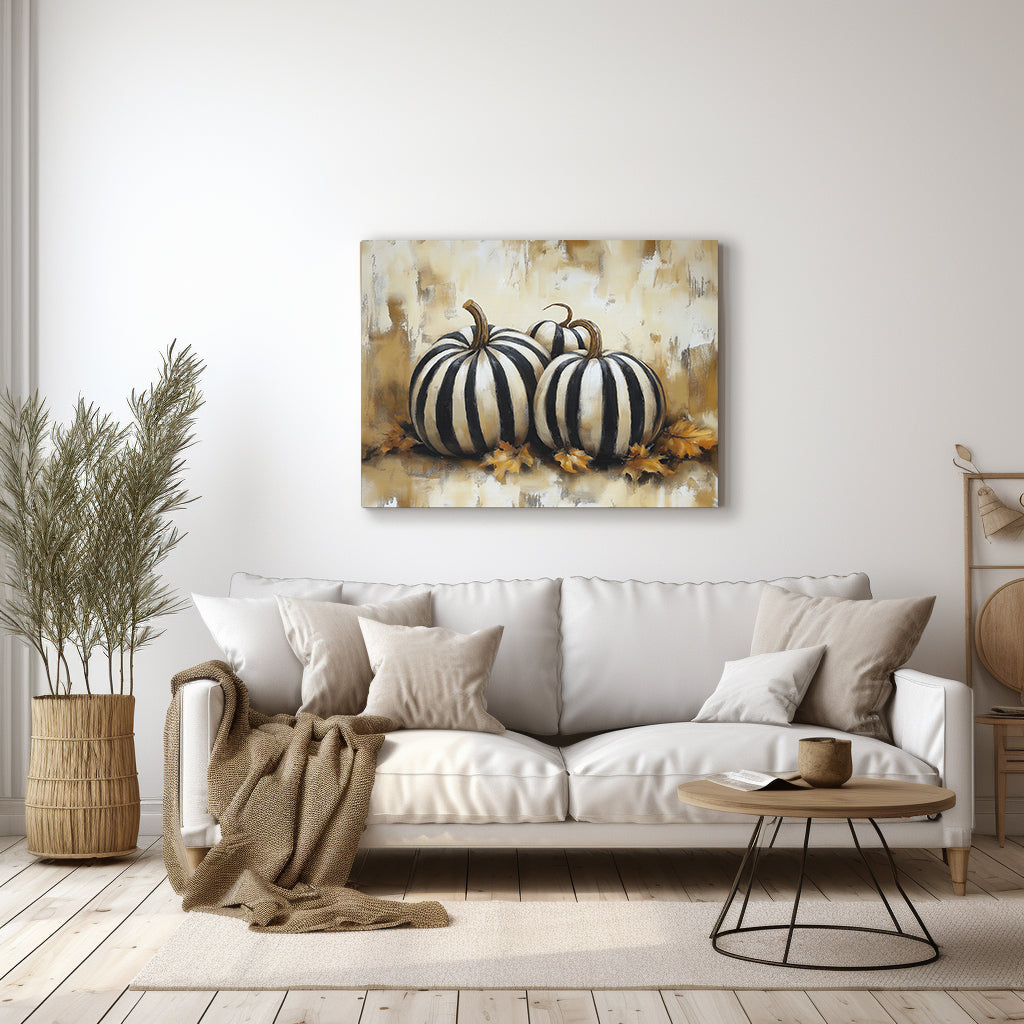 Wall Art Canvas Print - Pumpkin Black and White Striped Rustic Horizontal Gallery Wrap