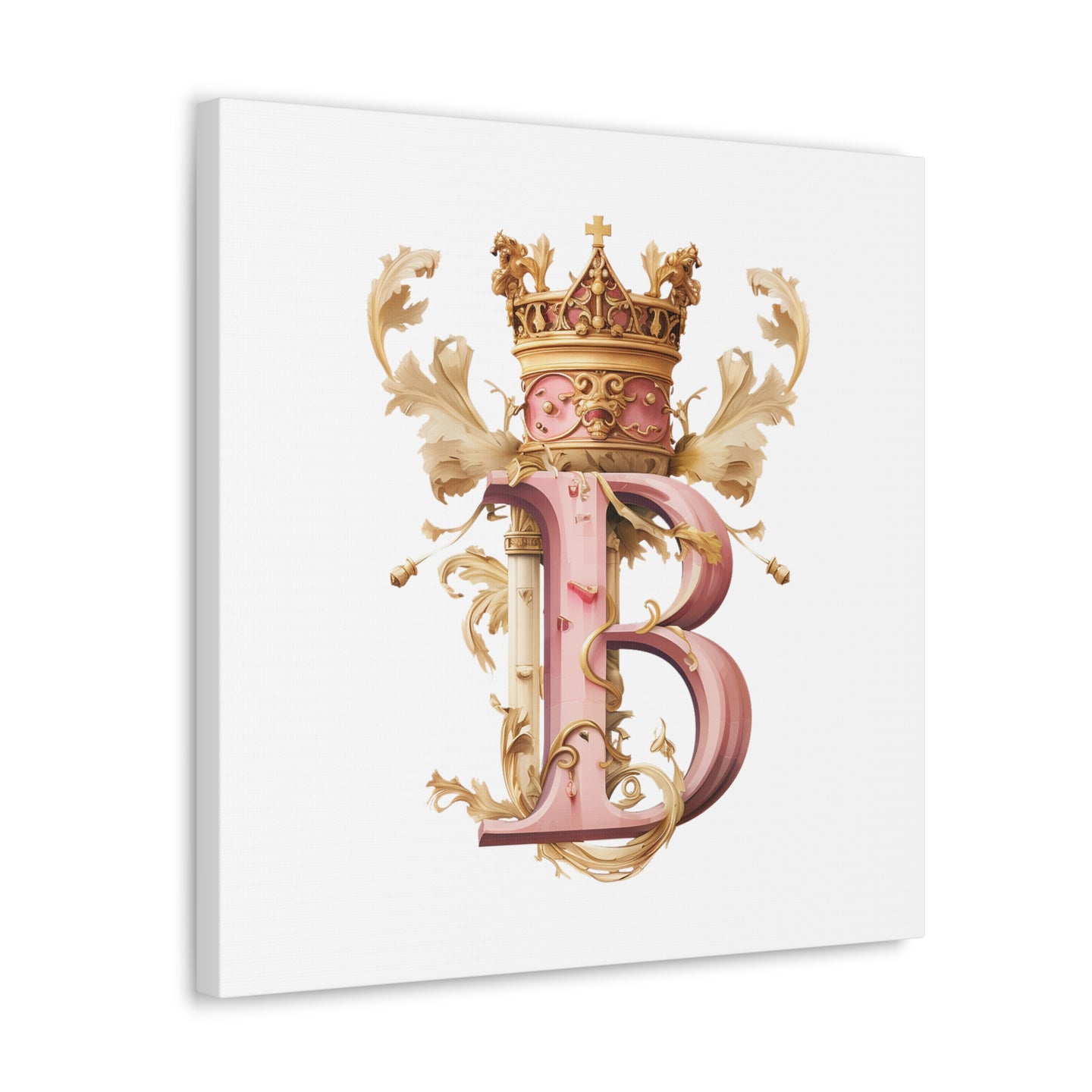 Monogram Style Letter B Canvas Print Gallery Wrap - Personalized Initial with Crown - Pink and Gold
