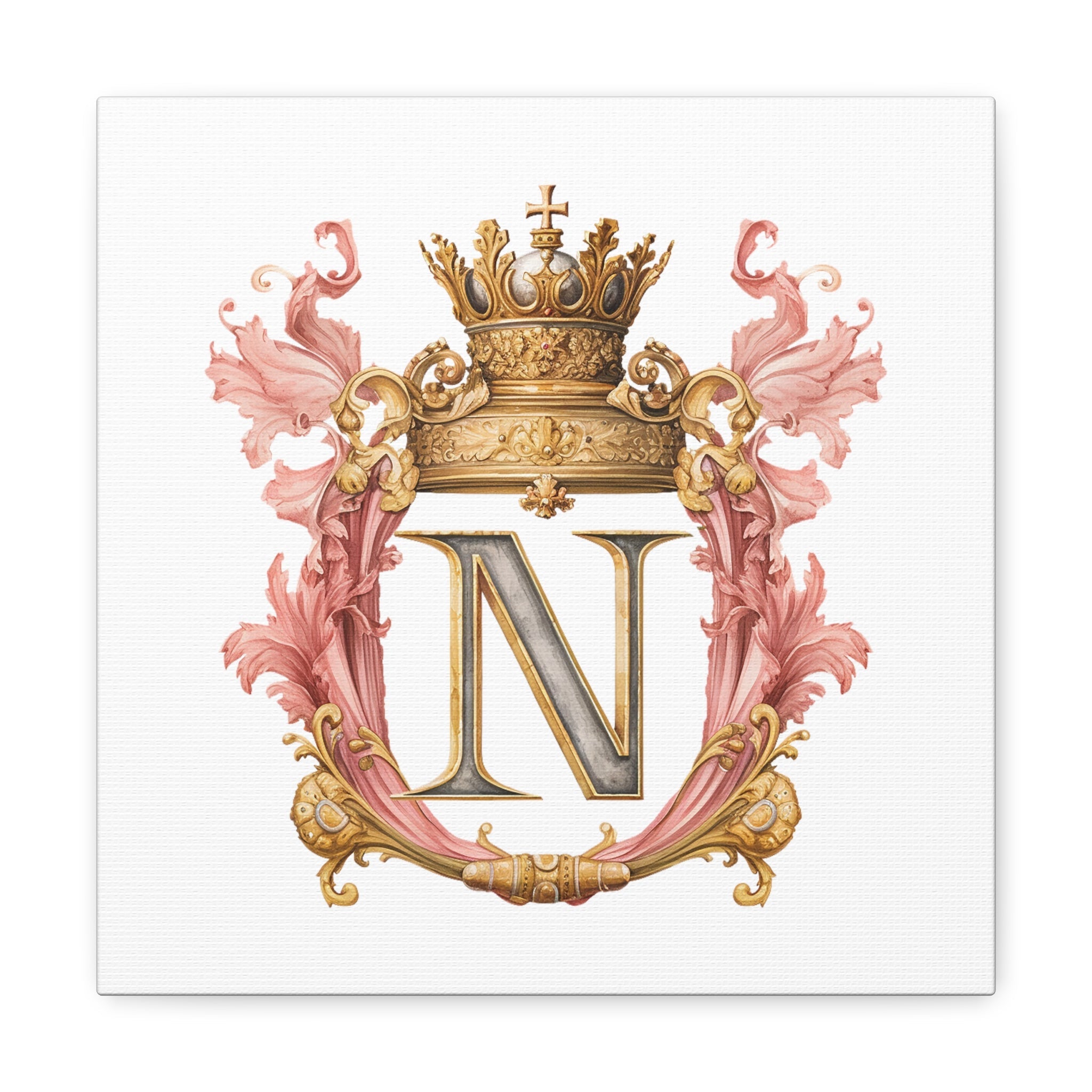 Monogram N Wall Art - Canvas Print Gallery Wrap - Single Initial Letter with Crown - Pink and Gold