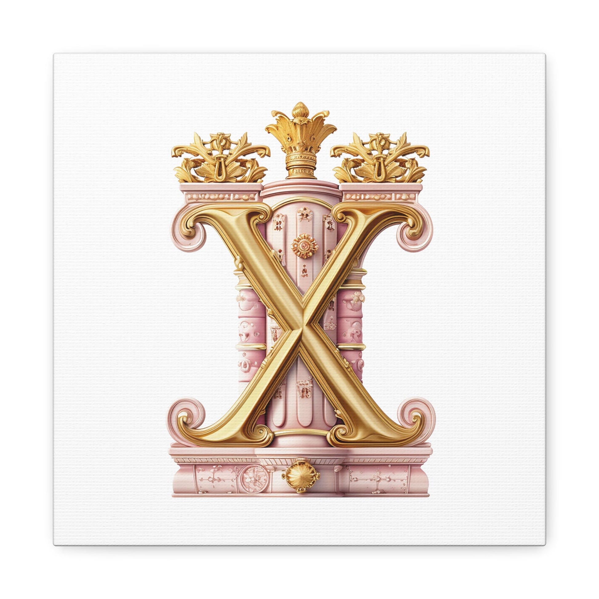 Monogram X Wall Art - Canvas Print Gallery Wrap - Single Initial Letter with Crown - Pink and Gold