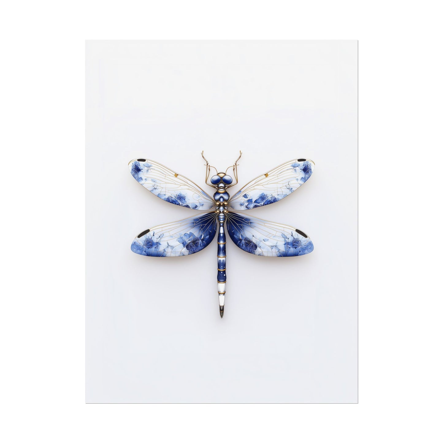 Blue and White Dragonfly Wall Art Print - Delft Inspired on White Background