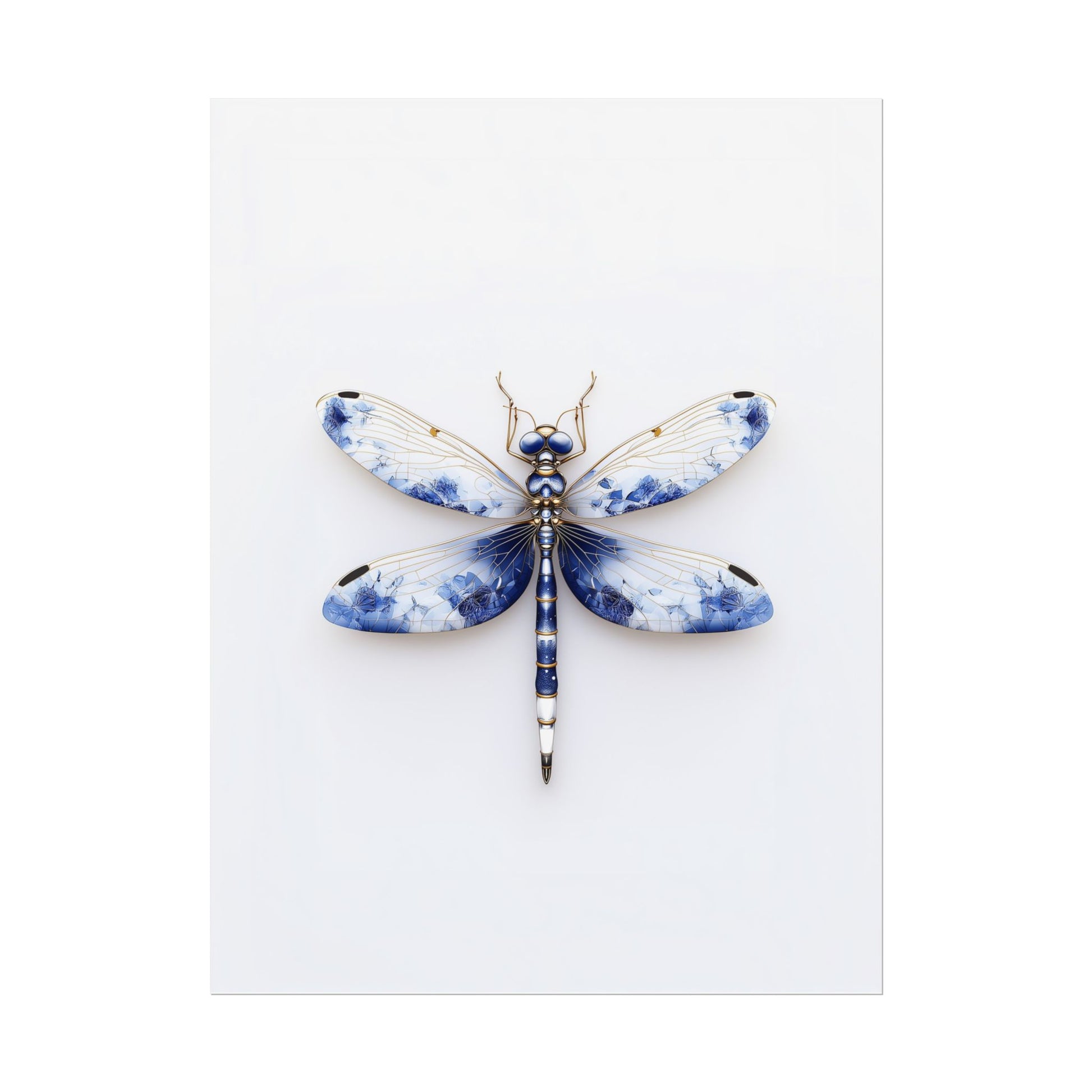 Blue and White Dragonfly Wall Art Print - Delft Inspired on White Background