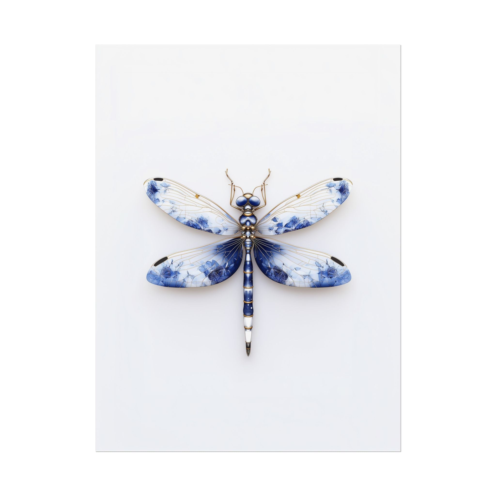 Blue and White Dragonfly Wall Art Print - Delft Inspired on White Background