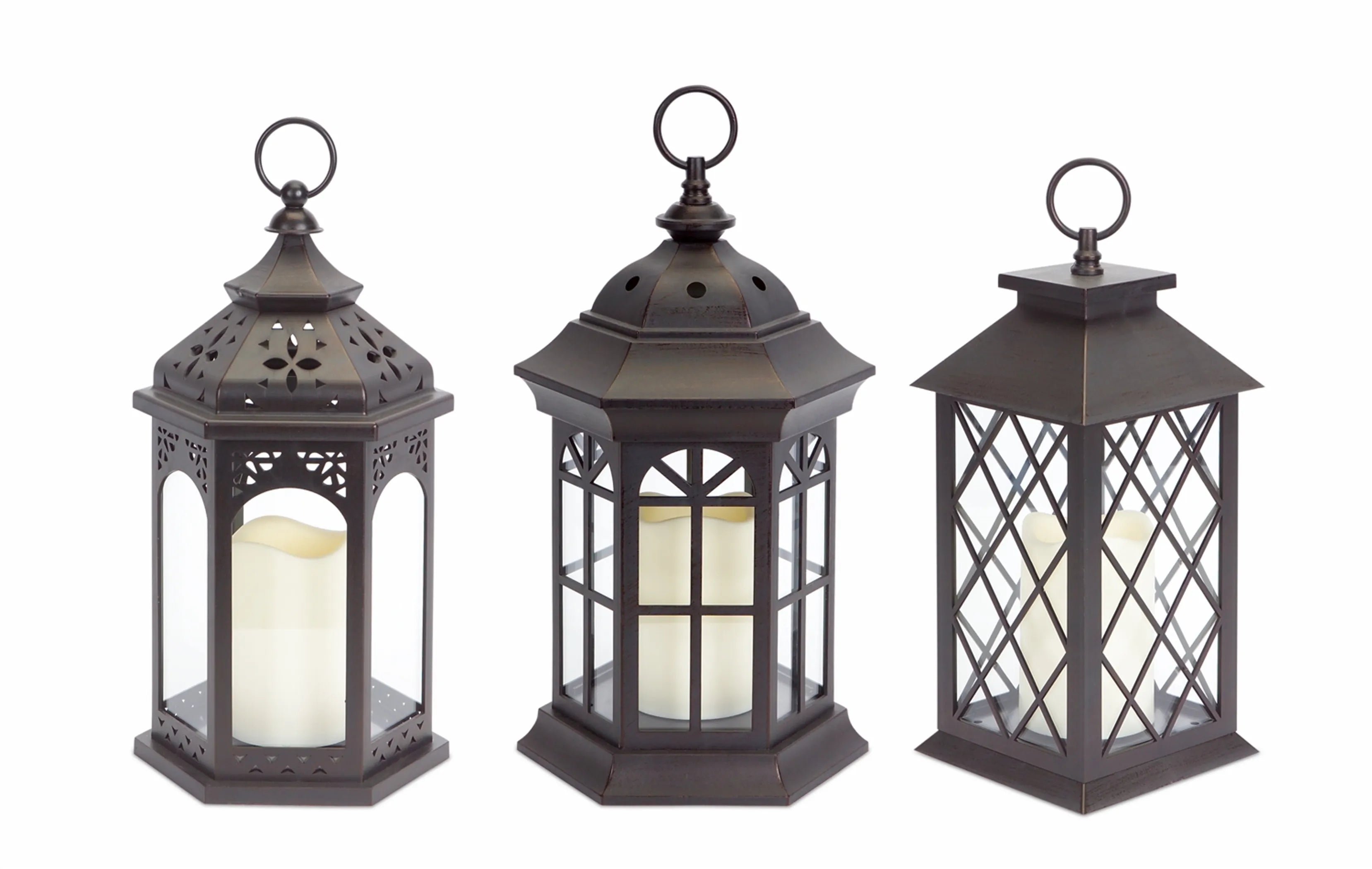 Lanterns with LED Candle (Set of 3) with 6 Hour Timer 13"H Plastic/Glass