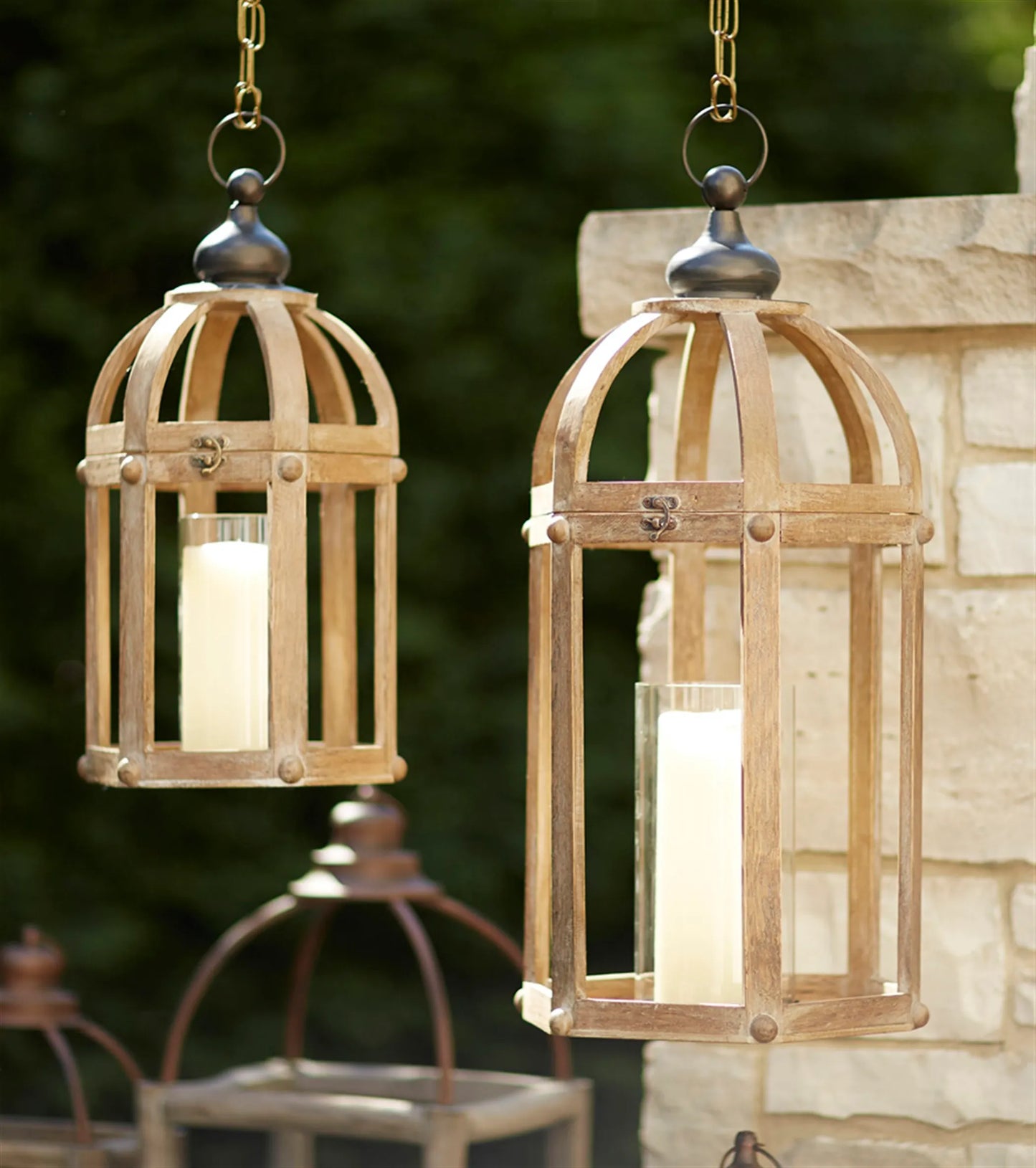 Lanterns (Set of 2) 21"H, 28"H Wood/Metal/Glass