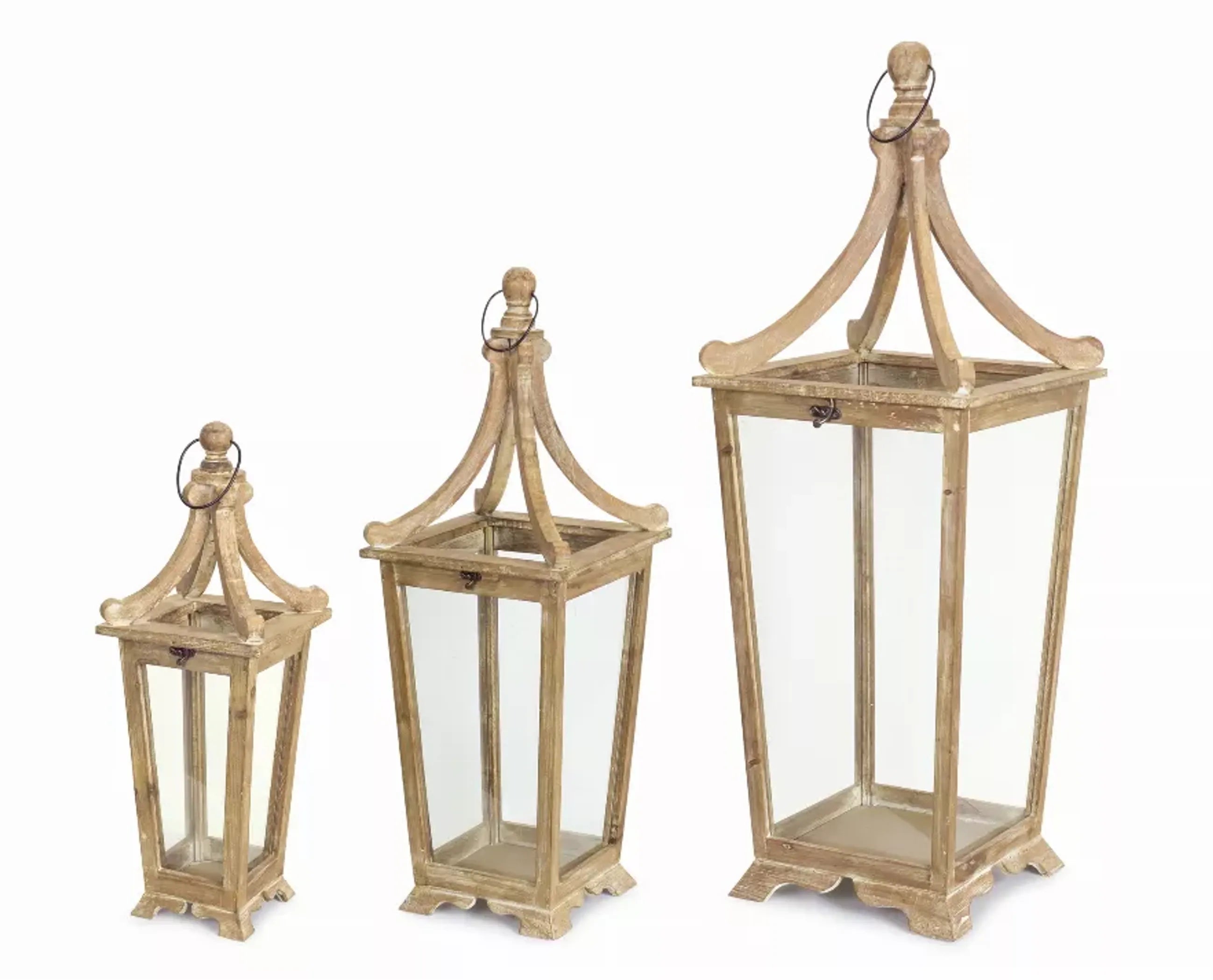 Tall Tapered Lanterns in Glass and Wood / Glass (Set of 3)