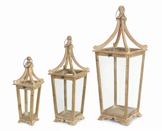 Tall Tapered Lanterns in Glass and Wood / Glass (Set of 3)