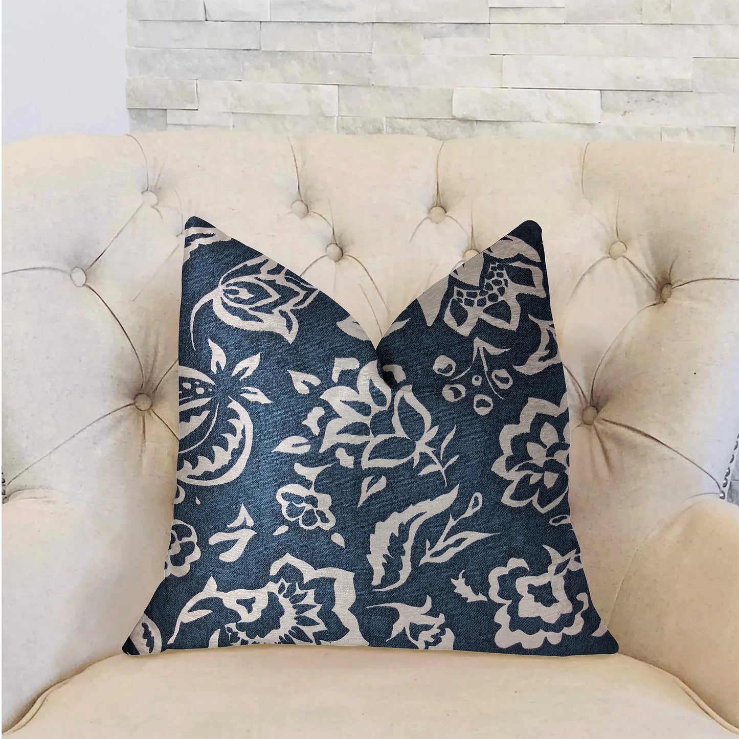 Plutus Elsi Pom Blue and White Luxury Throw Pillow