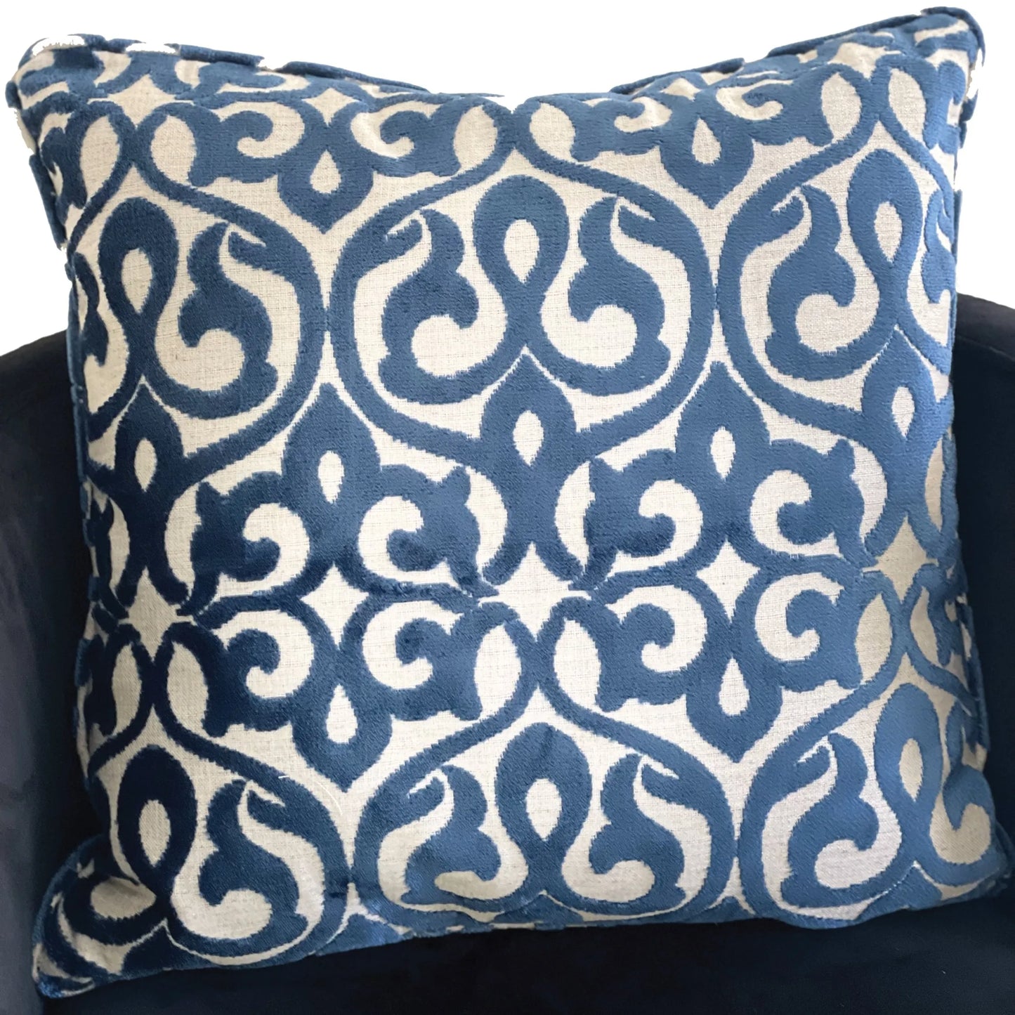 Luxury Throw Pillow, Velvety French Medallion Blue and Off White Geometric