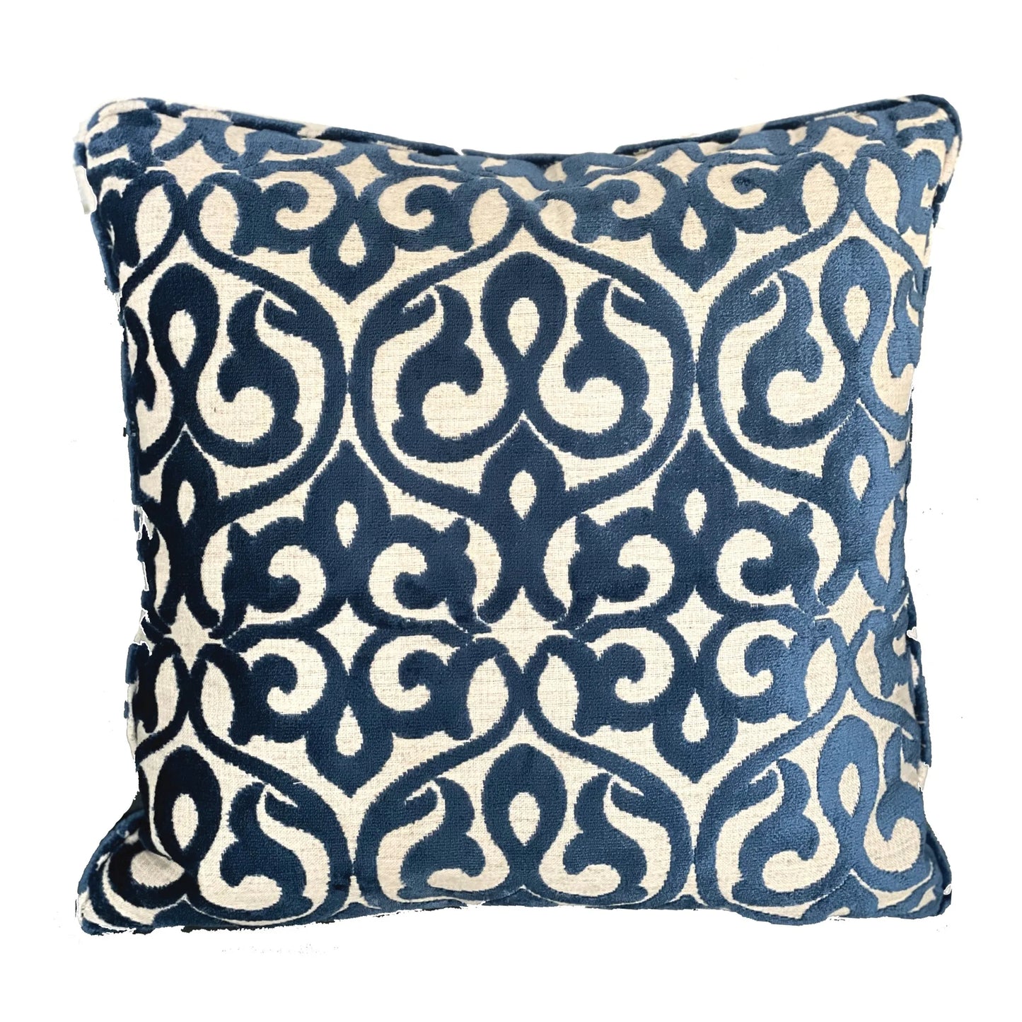 Luxury Throw Pillow, Velvety French Medallion Blue and Off White Geometric