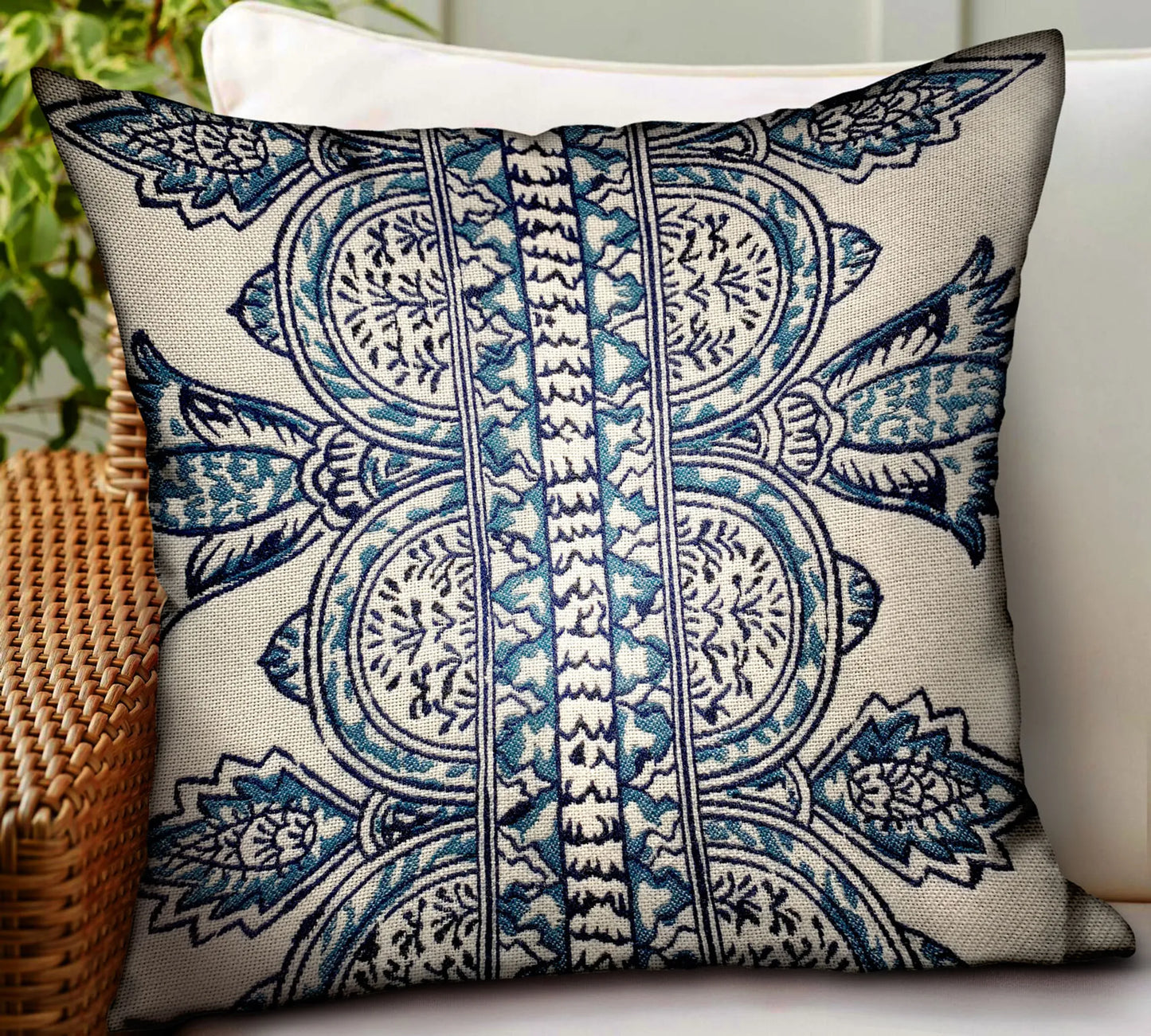 Plutus Aristocratic Floret White/ Blue Paisley Luxury Outdoor/Indoor Throw Pillow